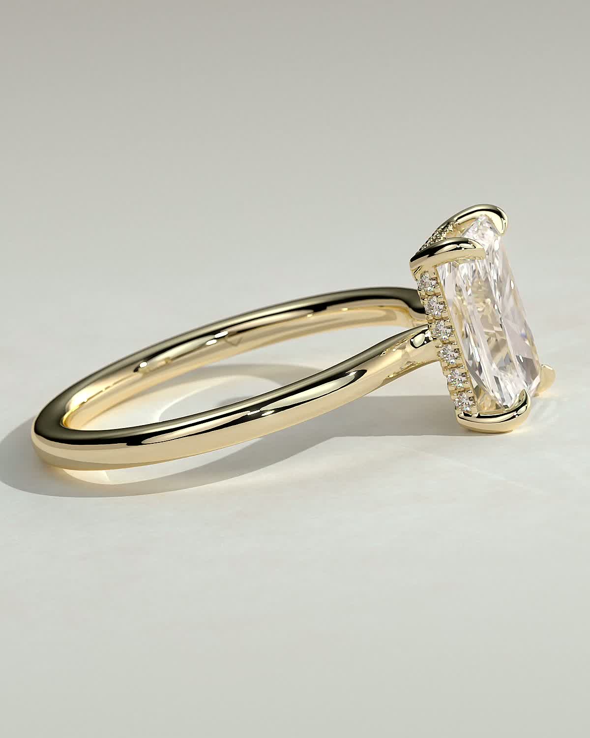 Adina - Radiant Floating Low Set Flush Solitaire with Hidden Halo - 18k Yellow Gold