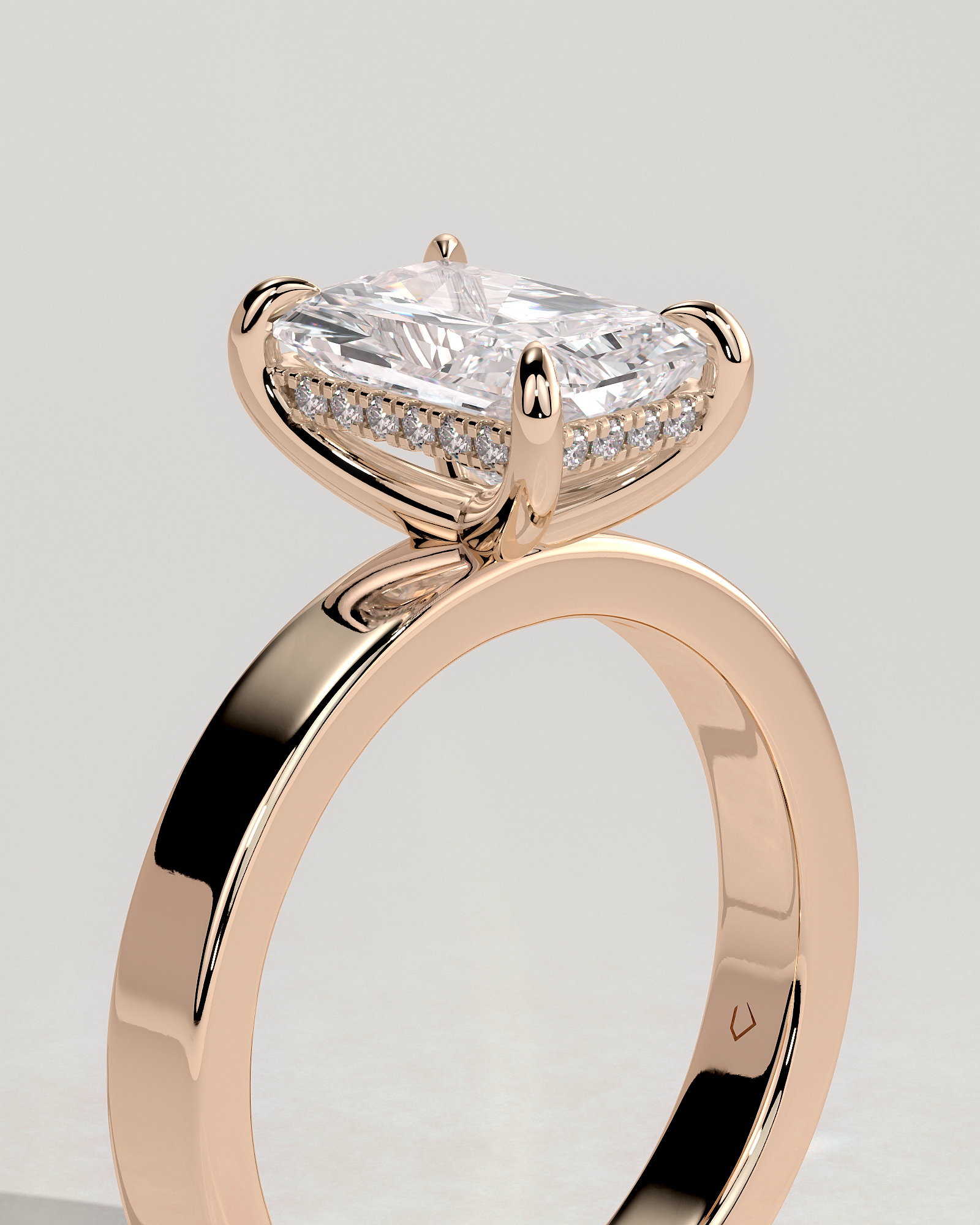 Radiant 4 Claw Solitaire with Flat Cigar Band and Hidden Halo Engagement Ring - 18k Rose Gold High Setting