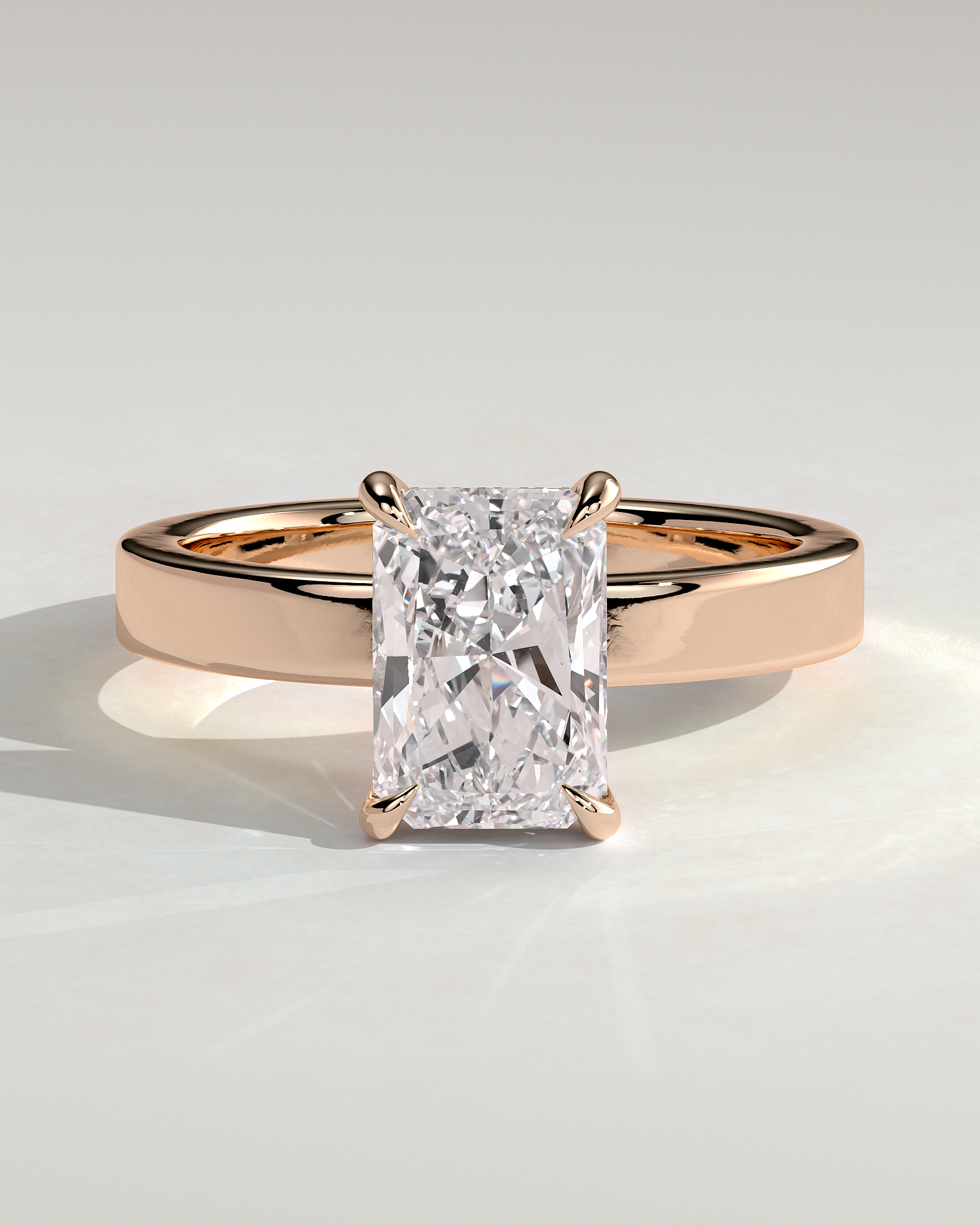 Radiant 4 Claw Solitaire with Flat Cigar Band and Hidden Halo Engagement Ring - 18k Rose Gold High Setting
