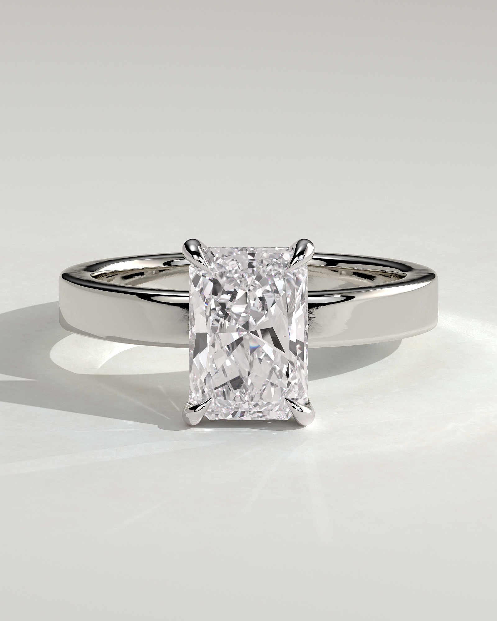 Radiant 4 Claw Solitaire with Flat Cigar Band and Hidden Halo Engagement Ring - 18k White Gold High Setting