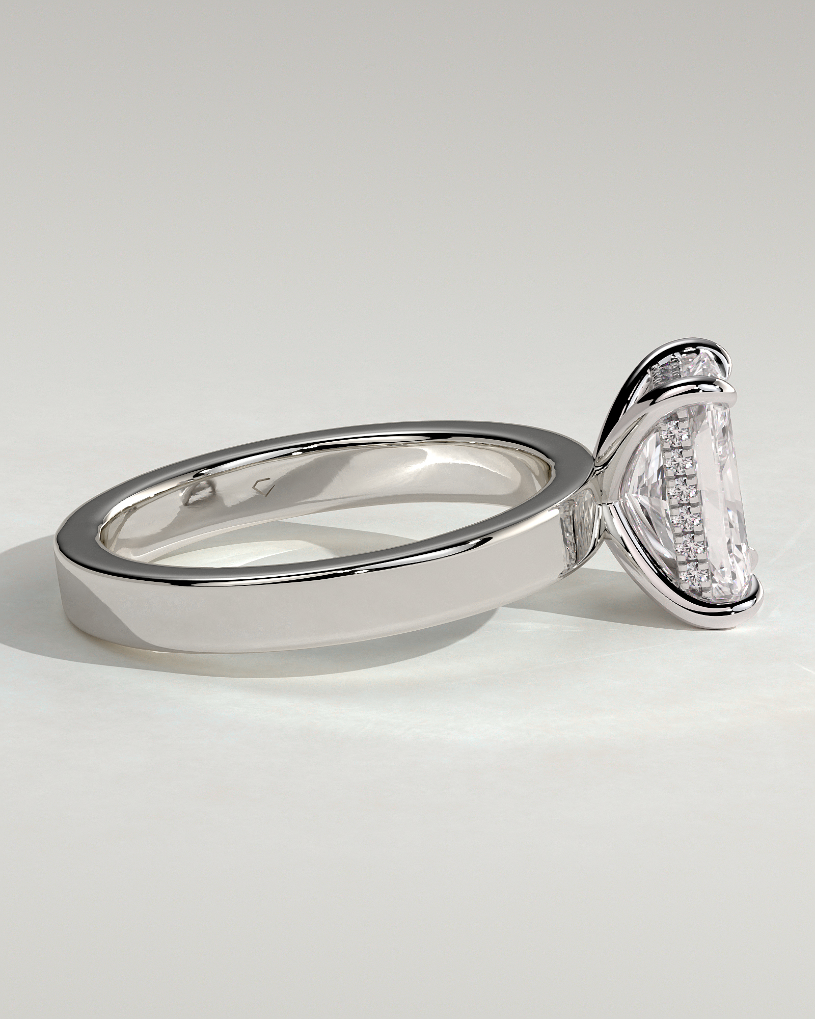 Radiant 4 Claw Solitaire with Flat Cigar Band and Hidden Halo Engagement Ring - 18k White Gold High Setting