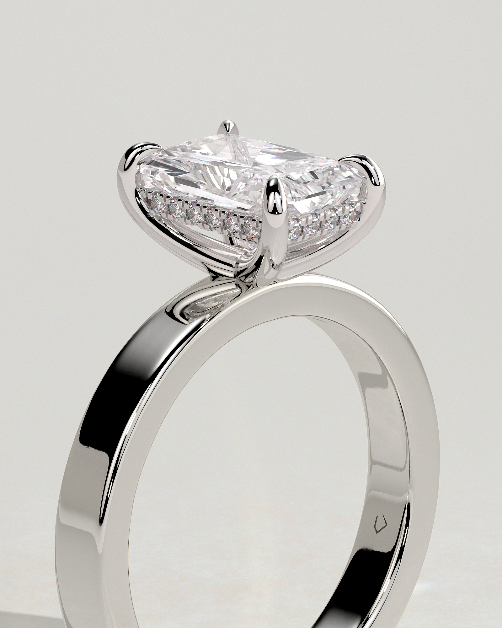 Radiant 4 Claw Solitaire with Flat Cigar Band and Hidden Halo Engagement Ring - 18k White Gold High Setting