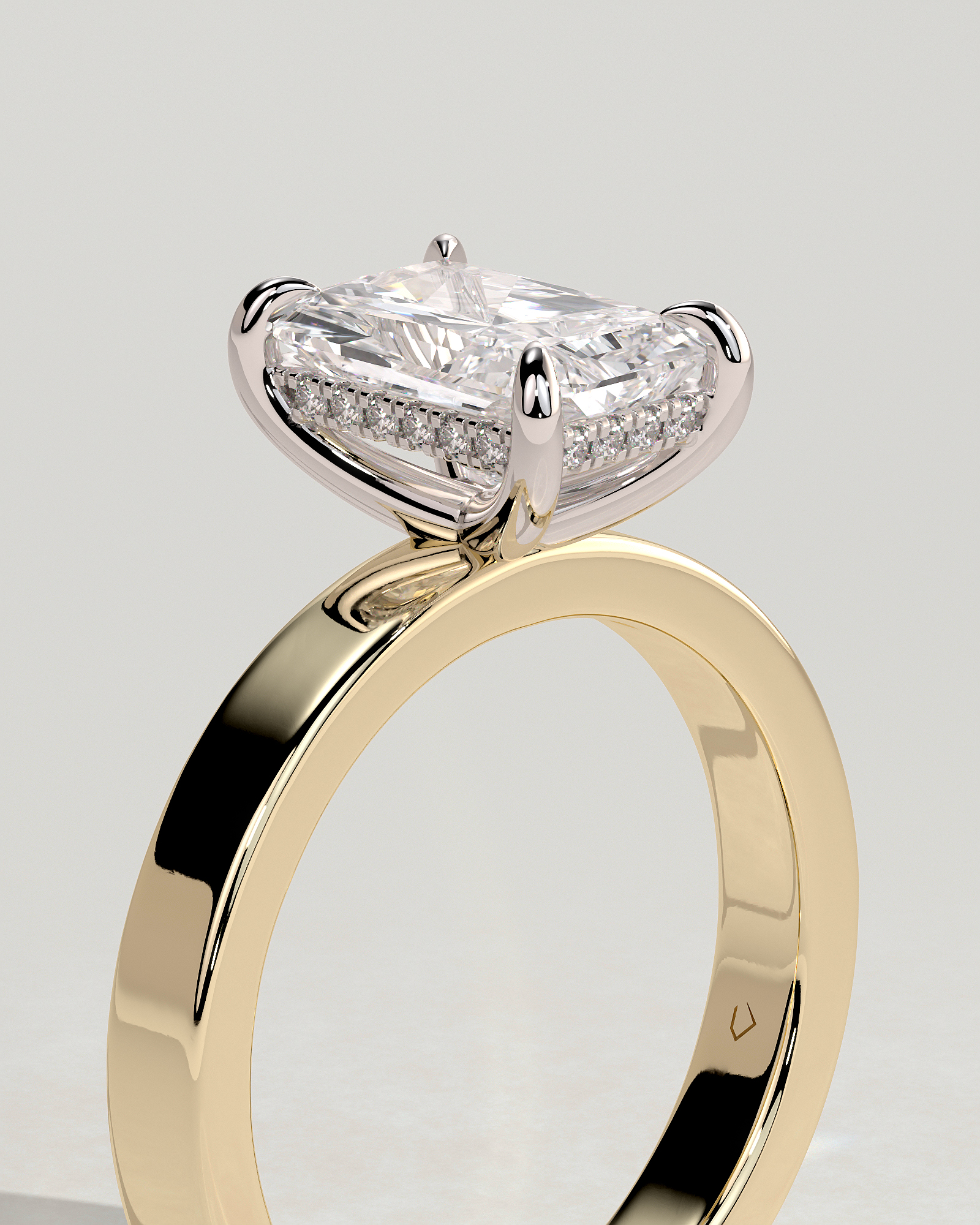 Radiant 4 Claw Solitaire with Flat Cigar Band and Hidden Halo Engagement Ring - 18k Yellow Gold / 18k White Gold High Setting