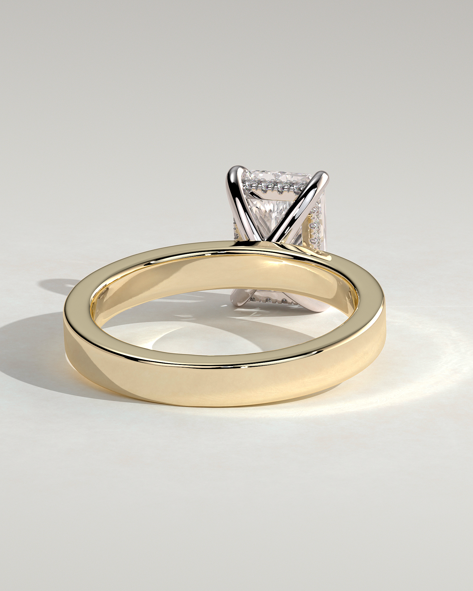 Radiant 4 Claw Solitaire with Flat Cigar Band and Hidden Halo Engagement Ring - 18k Yellow Gold / 18k White Gold High Setting