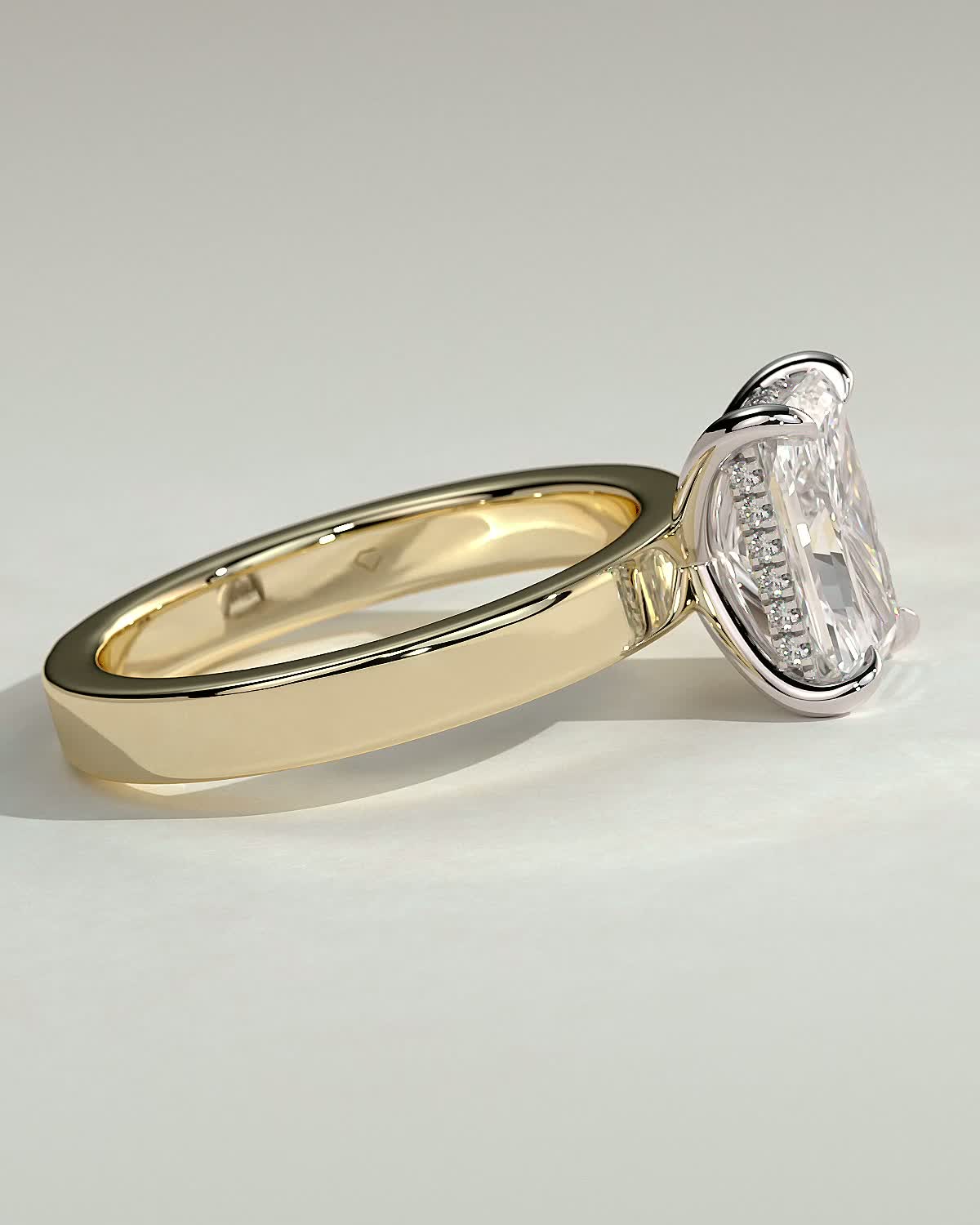 Radiant 4 Claw Solitaire with Flat Cigar Band and Hidden Halo Engagement Ring - 18k Yellow Gold / 18k White Gold High Setting