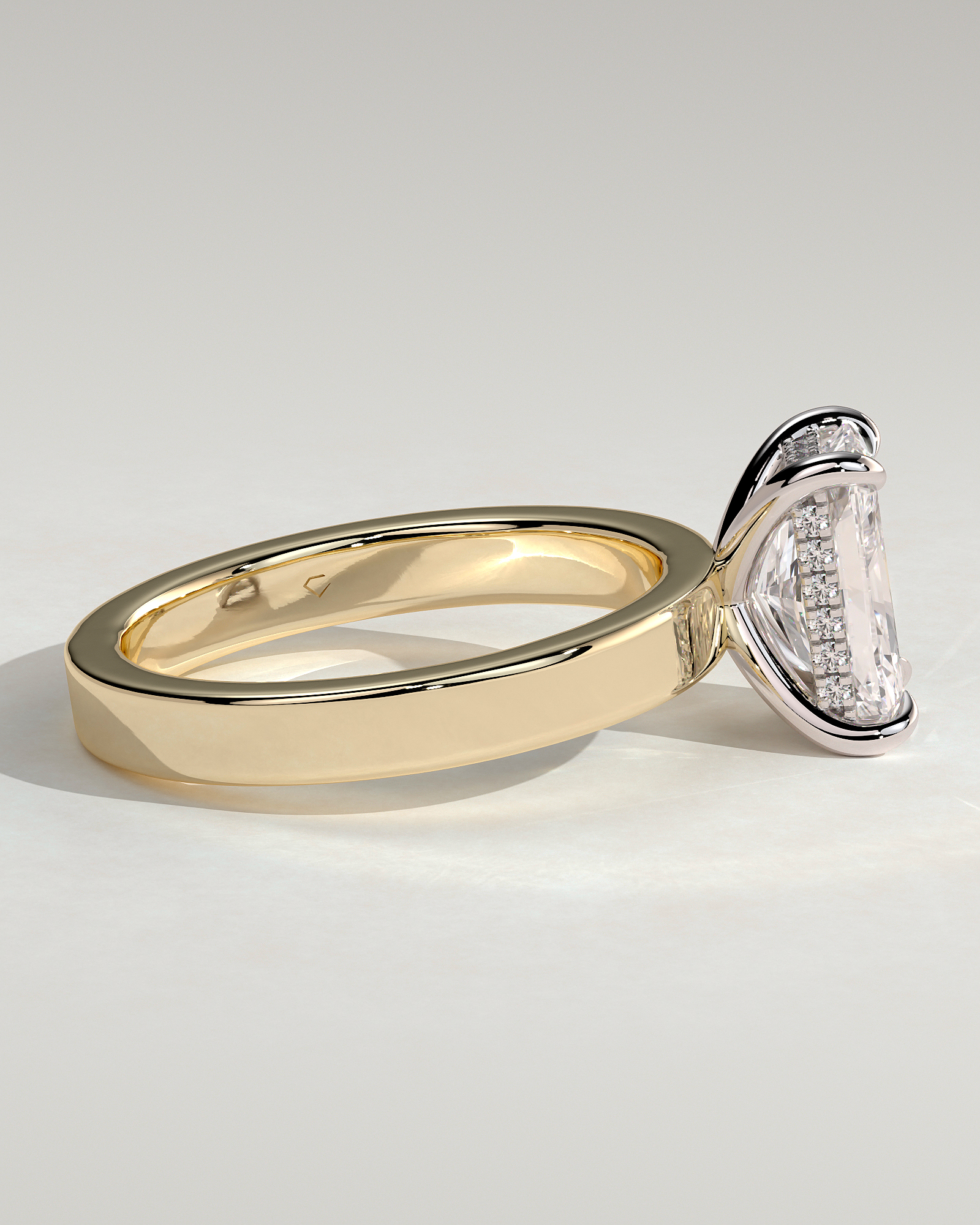 Radiant 4 Claw Solitaire with Flat Cigar Band and Hidden Halo Engagement Ring - 18k Yellow Gold / 18k White Gold High Setting