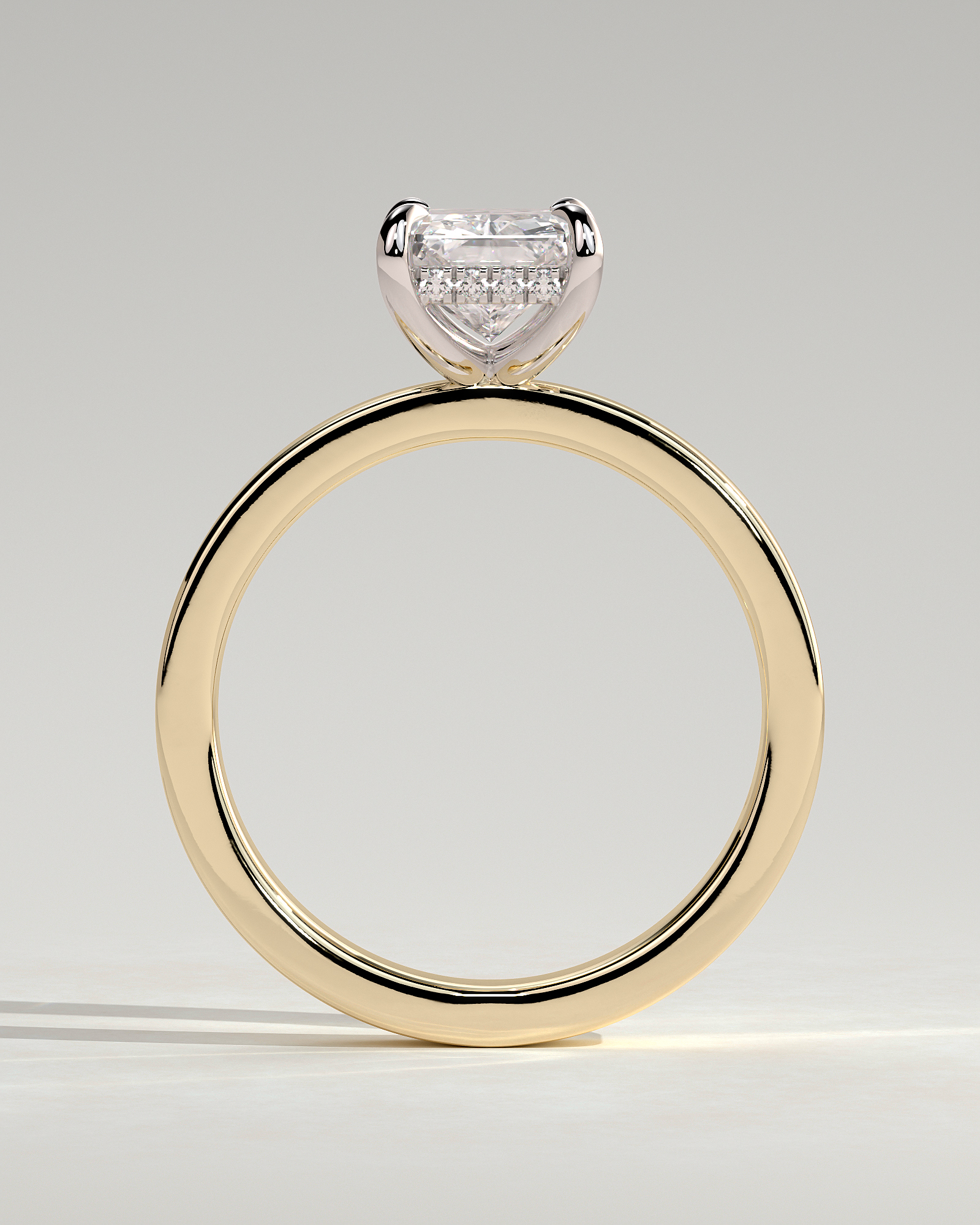 Radiant 4 Claw Solitaire with Flat Cigar Band and Hidden Halo Engagement Ring - 18k Yellow Gold / 18k White Gold High Setting