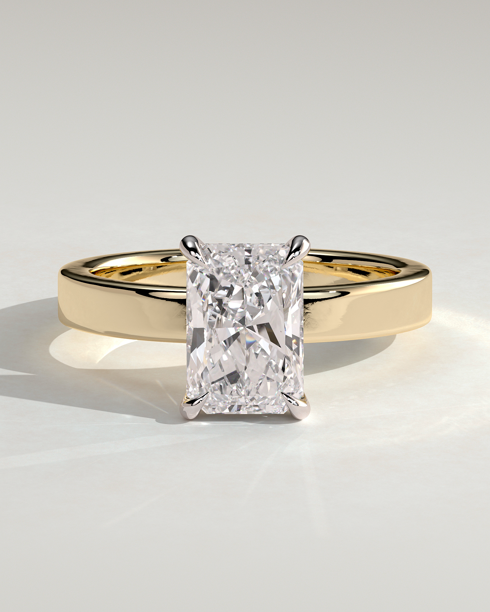 Radiant 4 Claw Solitaire with Flat Cigar Band and Hidden Halo Engagement Ring - 18k Yellow Gold / 18k White Gold High Setting