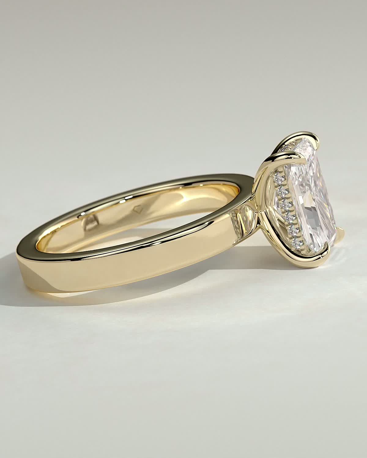 Radiant 4 Claw Solitaire with Flat Cigar Band and Hidden Halo Engagement Ring - 18k Yellow Gold High Setting