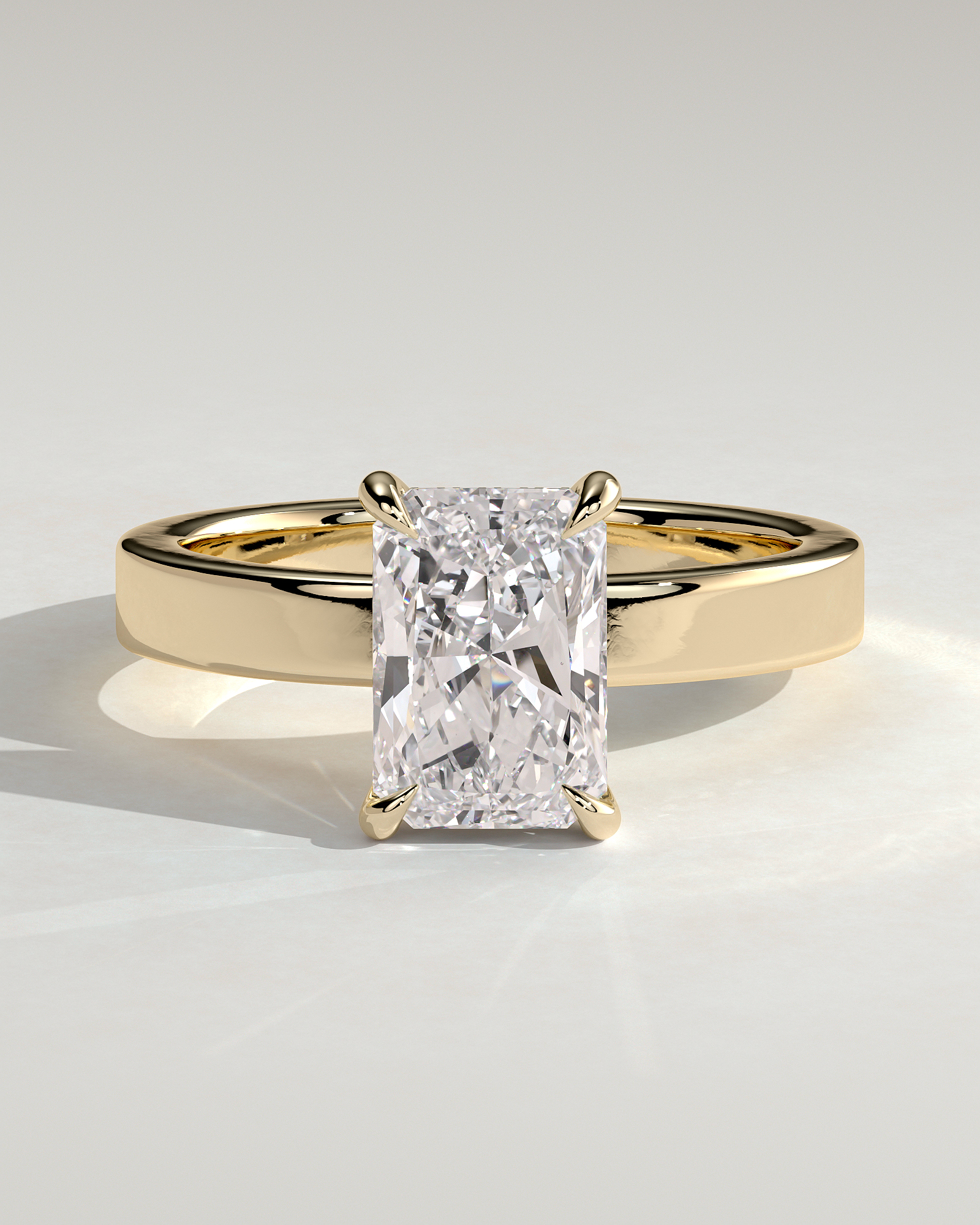 Radiant 4 Claw Solitaire with Flat Cigar Band and Hidden Halo Engagement Ring - 18k Yellow Gold High Setting