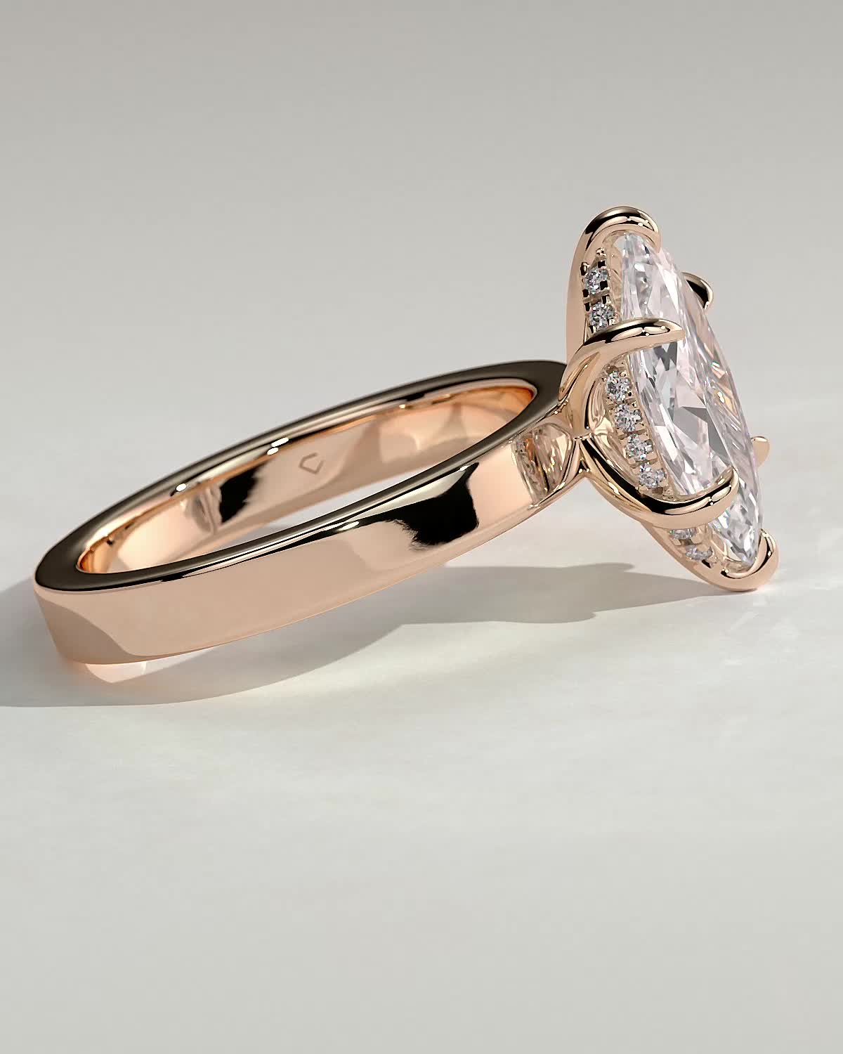 Aisha - Marquise 6 Claw Solitaire with Flat Cigar Band and Hidden Halo Engagement Ring - 18k Rose Gold High Setting