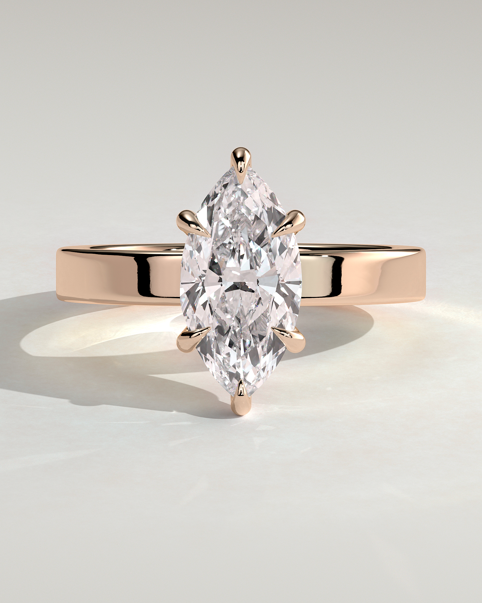 Aisha - Marquise 6 Claw Solitaire with Flat Cigar Band and Hidden Halo Engagement Ring - 18k Rose Gold High Setting