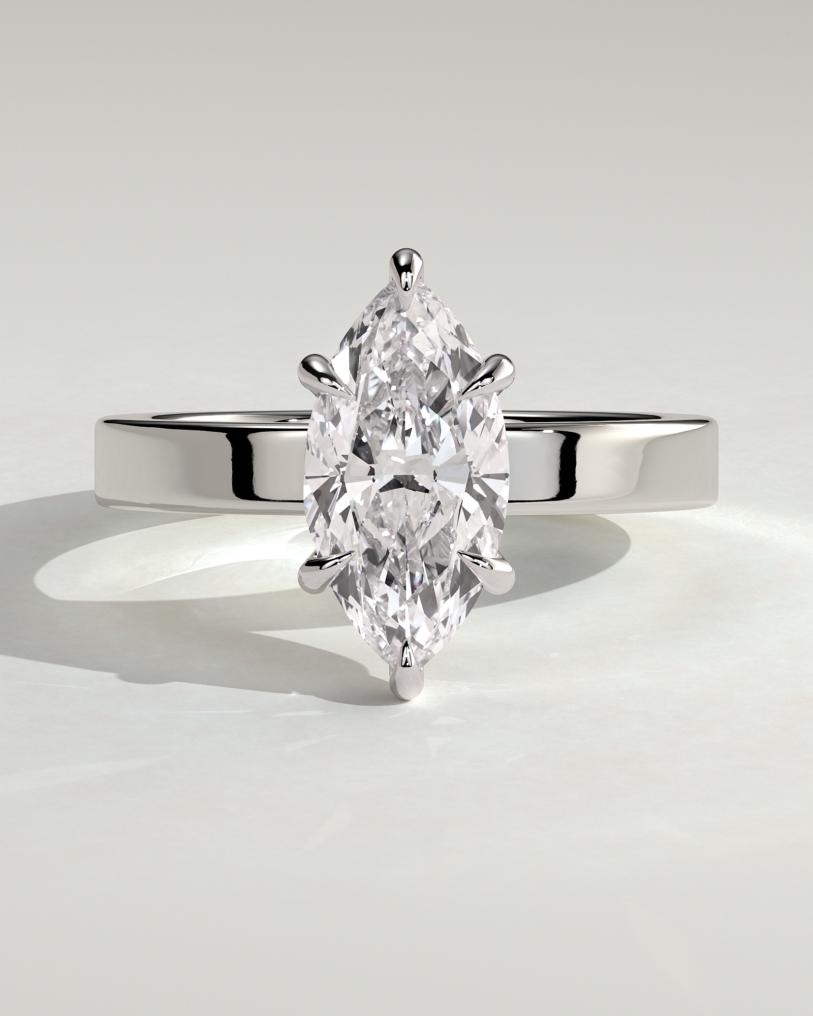 Aisha - Marquise 6 Claw Solitaire with Flat Cigar Band and Hidden Halo Engagement Ring - 18k White Gold High Setting