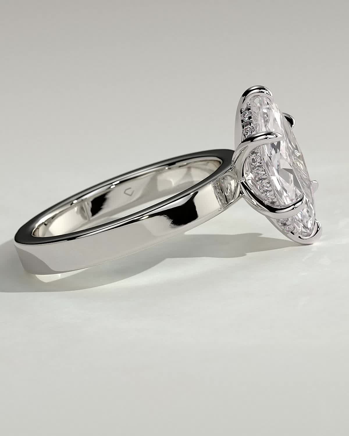 Aisha - Marquise 6 Claw Solitaire with Flat Cigar Band and Hidden Halo Engagement Ring - 18k White Gold High Setting