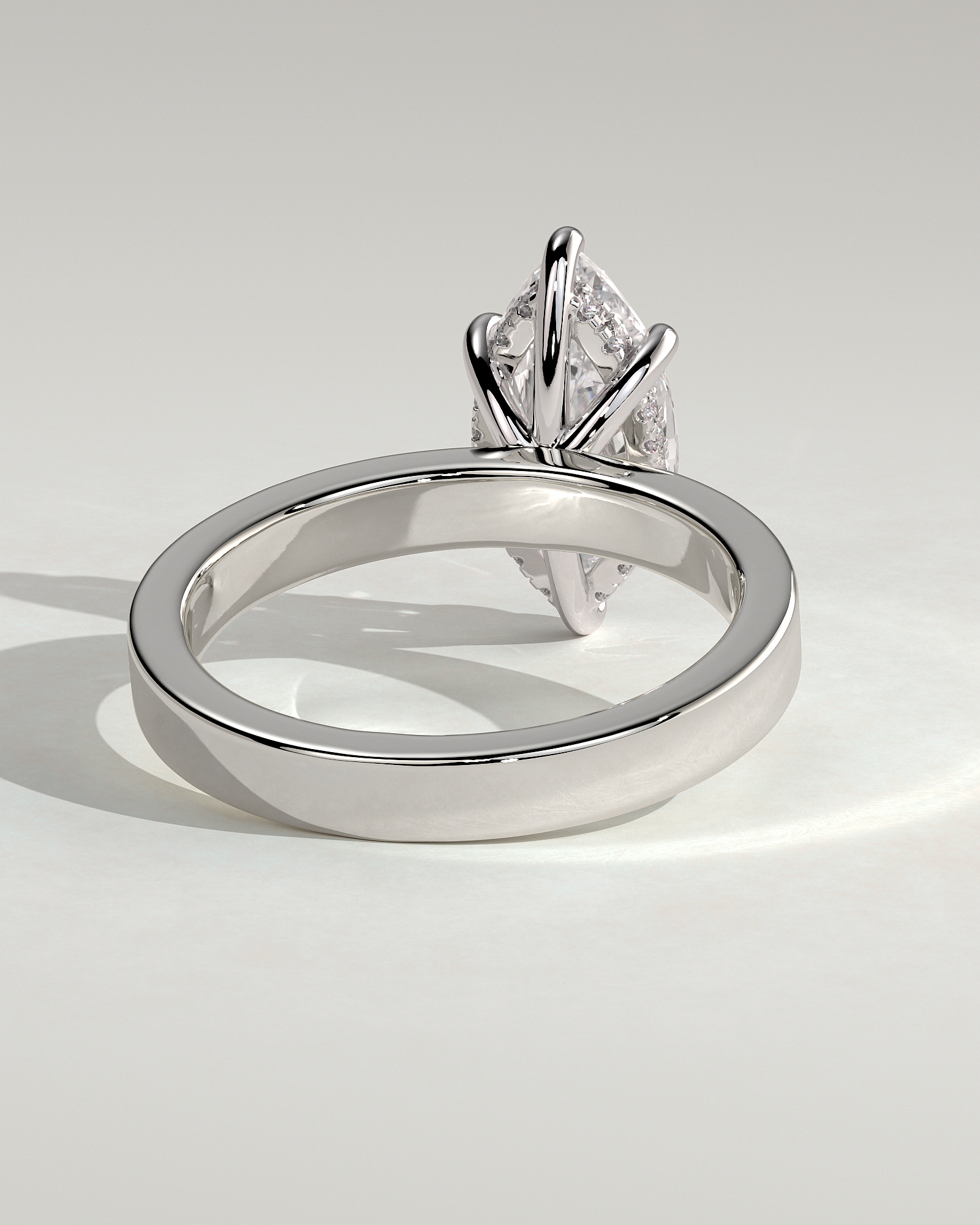 Aisha - Marquise 6 Claw Solitaire with Flat Cigar Band and Hidden Halo Engagement Ring - 18k White Gold High Setting