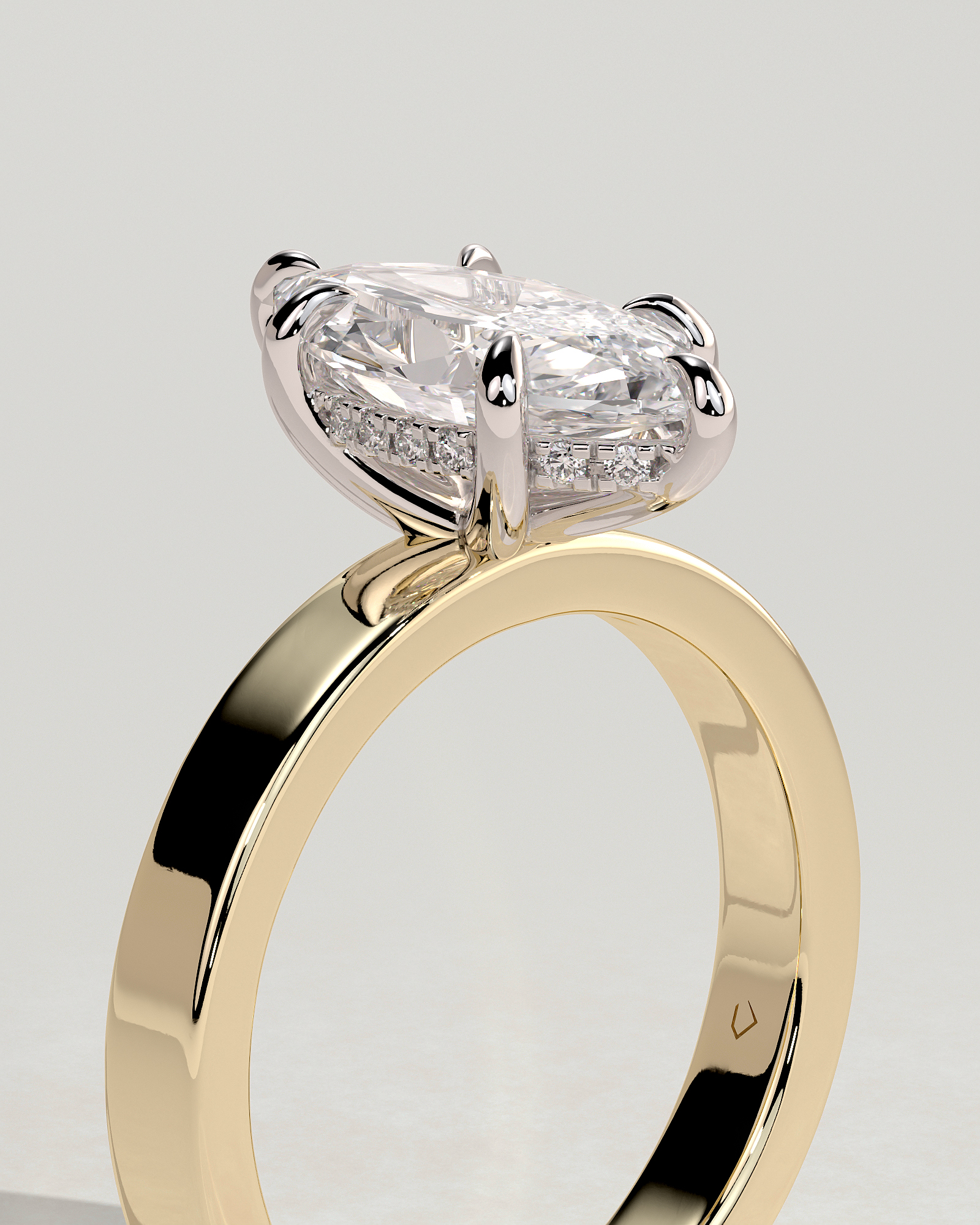 Aisha - Marquise 6 Claw Solitaire with Flat Cigar Band and Hidden Halo Engagement Ring - 18k Yellow Gold / 18k White Gold High Setting