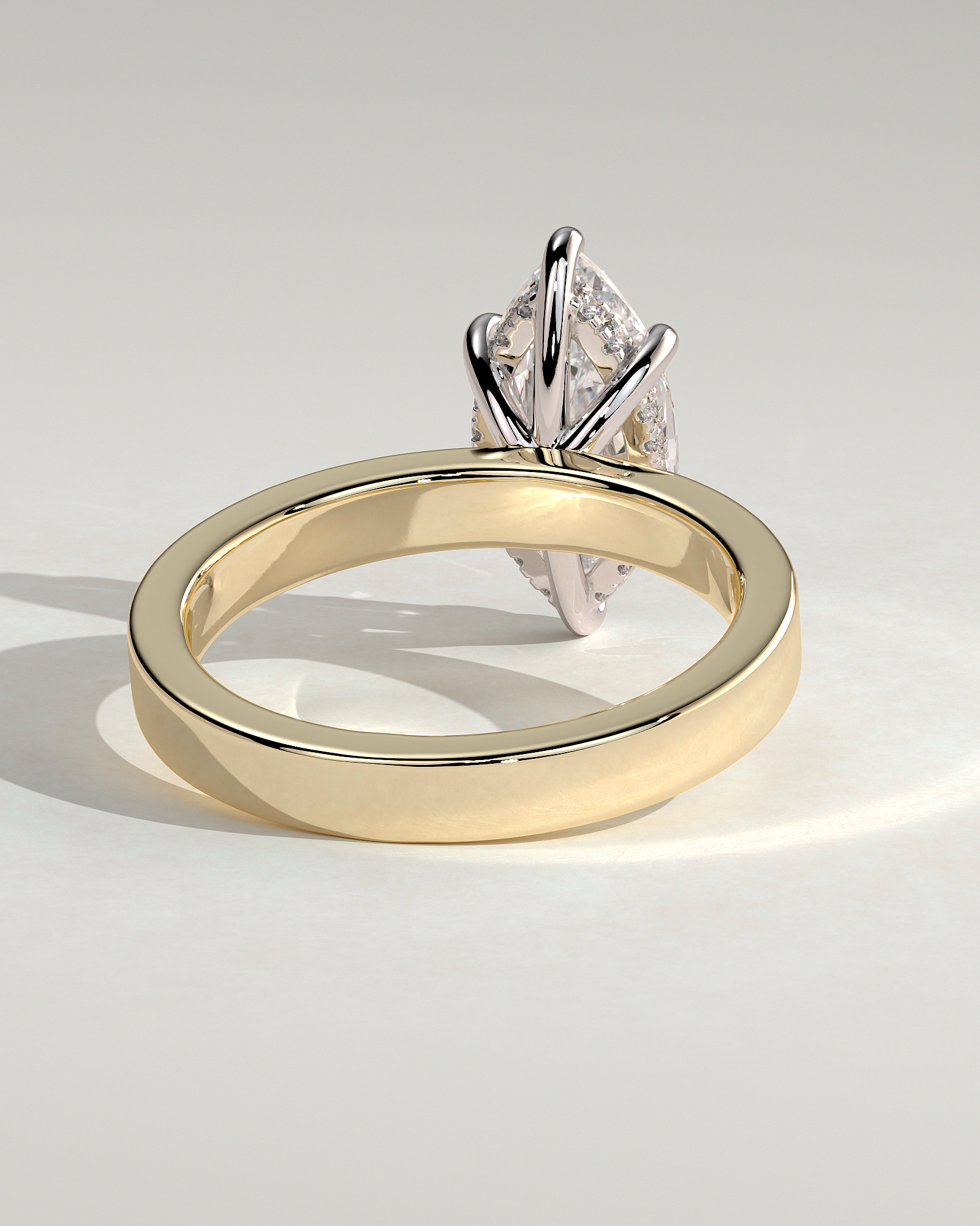 Aisha - Marquise 6 Claw Solitaire with Flat Cigar Band and Hidden Halo Engagement Ring - 18k Yellow Gold / 18k White Gold High Setting