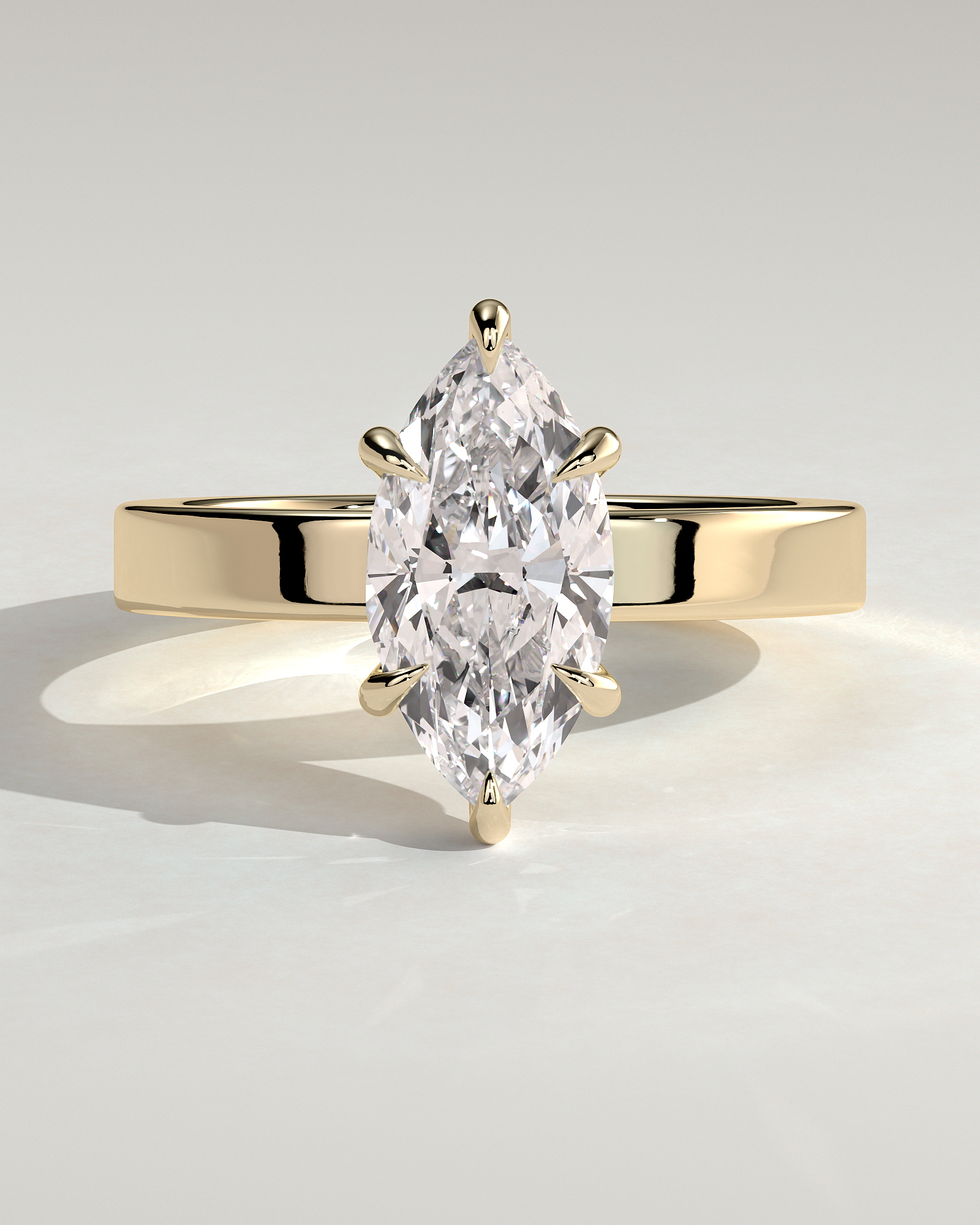 Aisha - Marquise 6 Claw Solitaire with Flat Cigar Band and Hidden Halo Engagement Ring - 18k Yellow Gold High Setting
