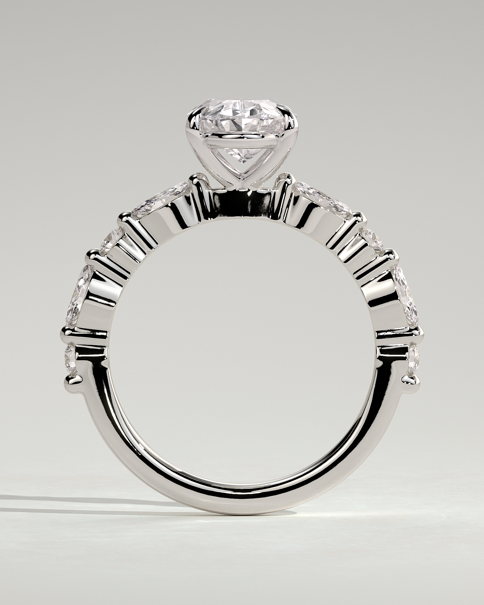 Alyssa - Oval 4 Claw Solitaire with Marquise and Round Accent Stones Engagement Ring - 18k White Gold
