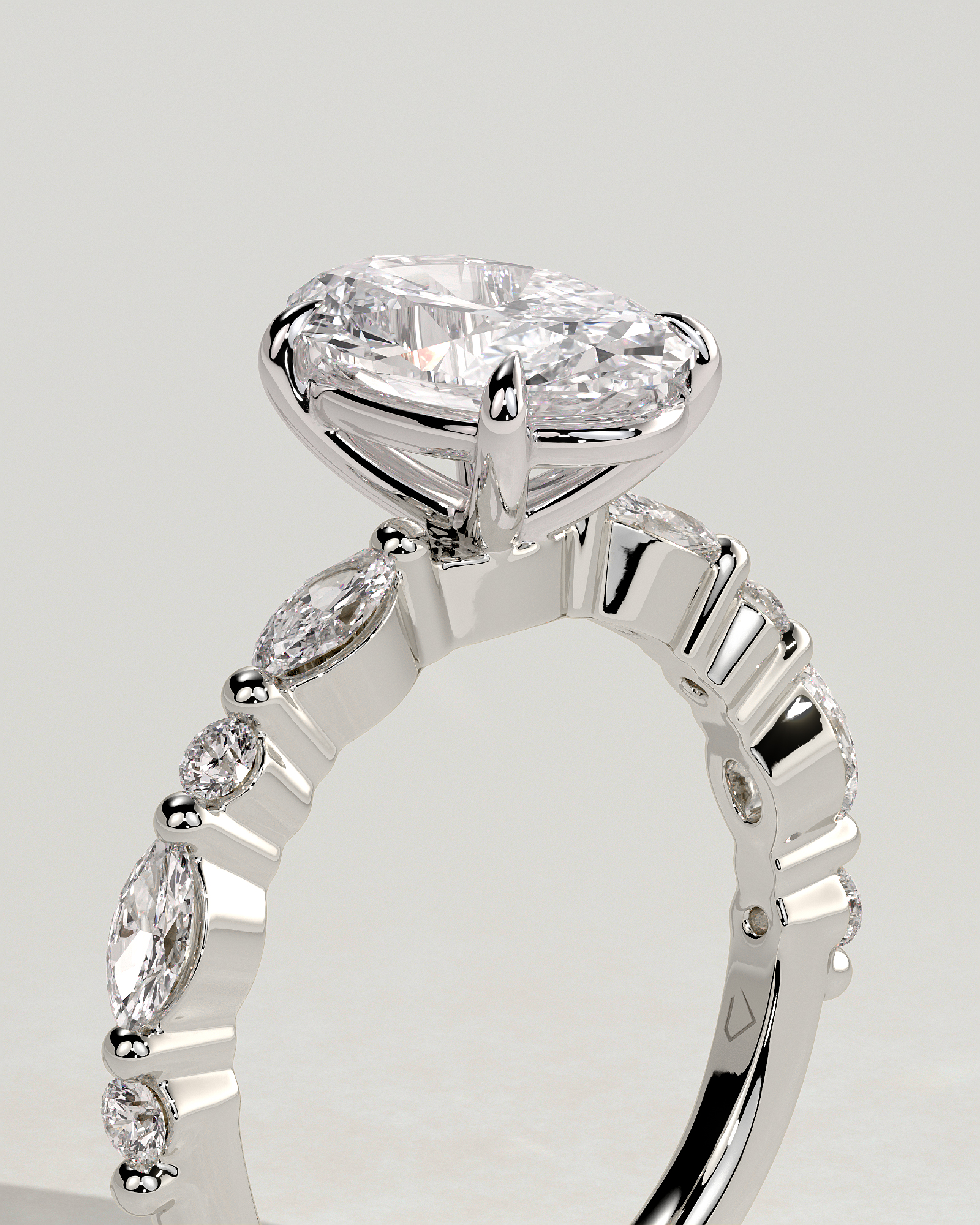 Alyssa - Oval 4 Claw Solitaire with Marquise and Round Accent Stones Engagement Ring - 18k White Gold