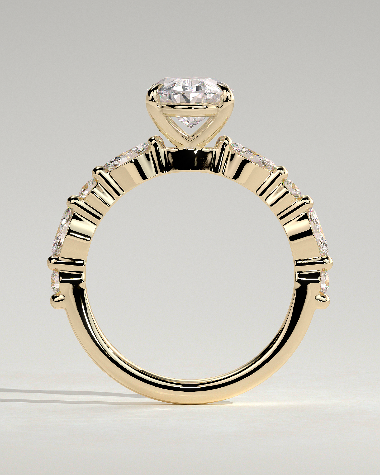 Alyssa - Oval 4 Claw Solitaire with Marquise and Round Accent Stones Engagement Ring - 18k Yellow Gold