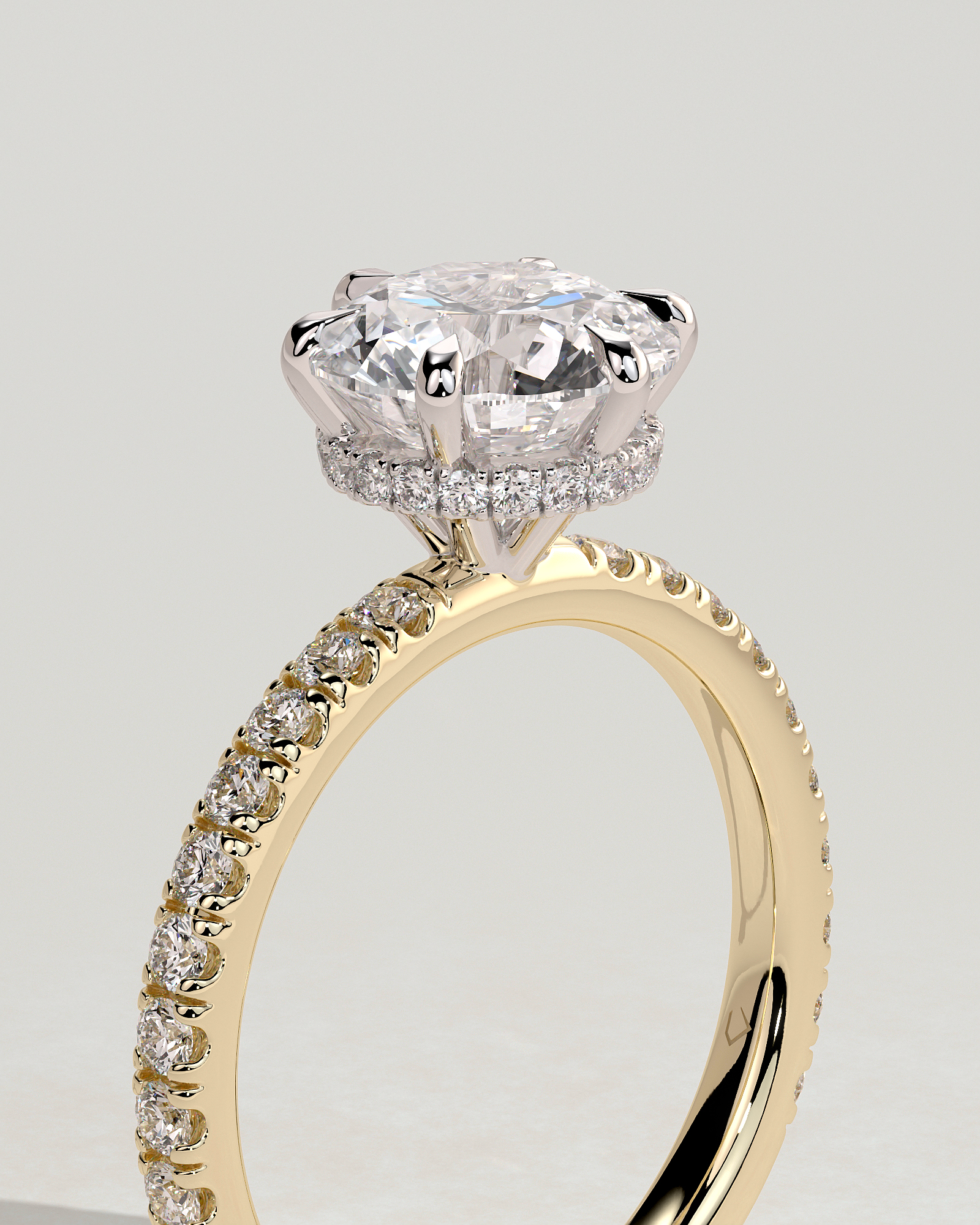 Amanda - 6 Claw Pav Round Solitaire with Hidden Halo - 18k Yellow Gold / 18k White Gold