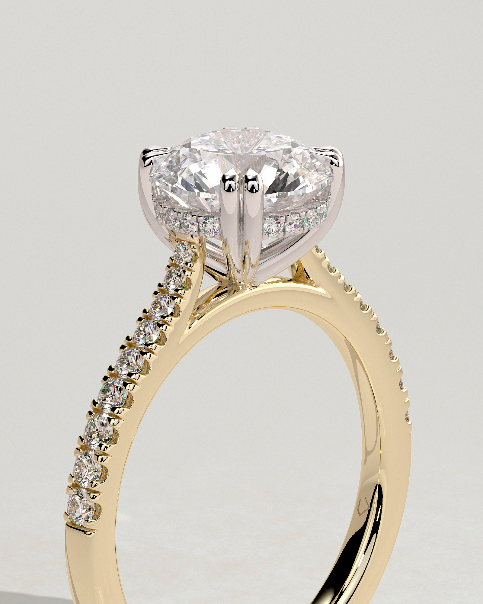 Amelia  Cathedral Pav Round Solitaire with Hidden Halo - 18k Yellow Gold / 18k White Gold