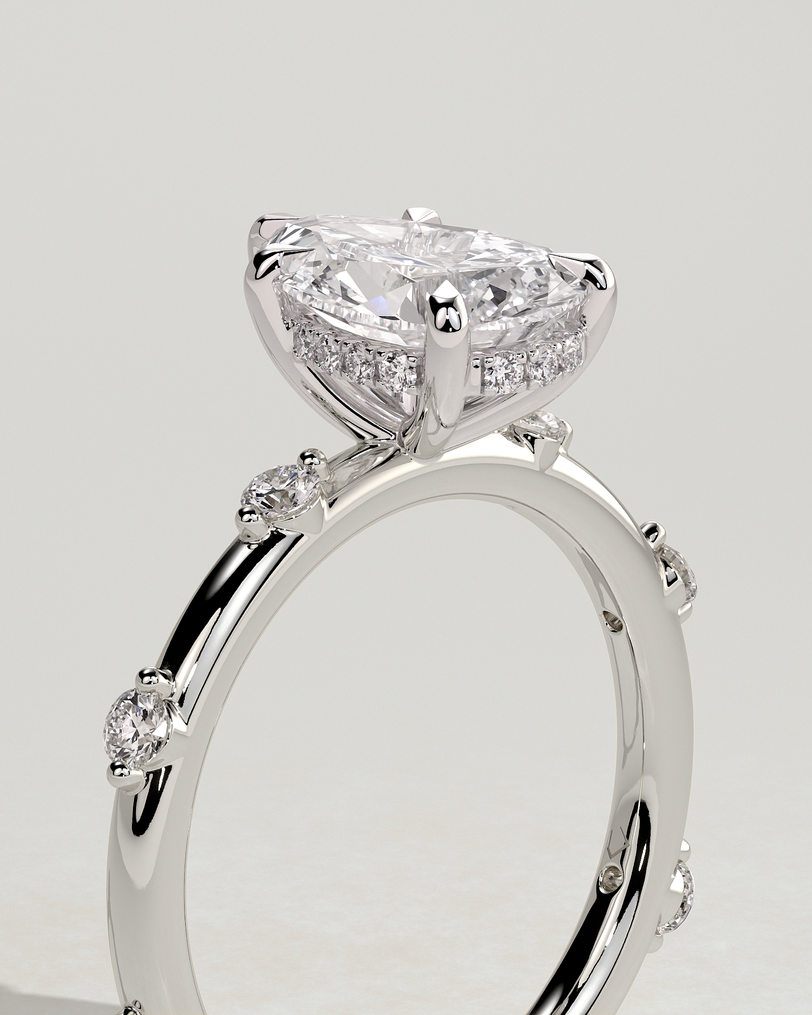 Amora - Pear Solitaire with Round Side Stones - 18k White Gold