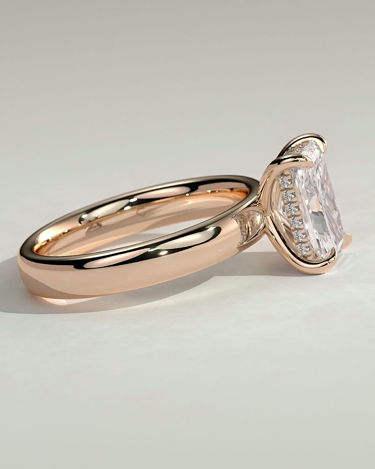 Angelina - Radiant Solitaire with Hidden Halo and Cigar Band - 18k Rose Gold High Setting