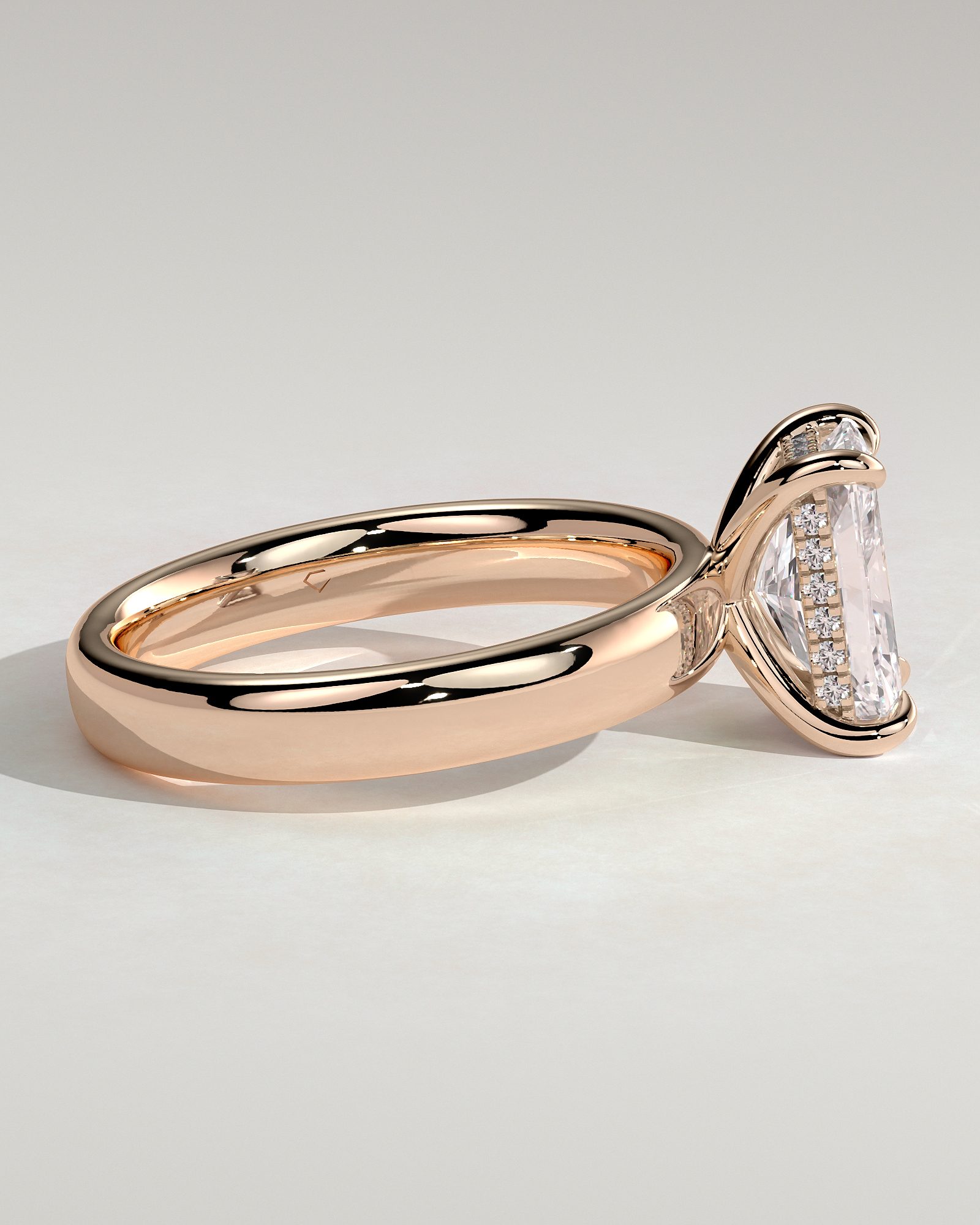Angelina - Radiant Solitaire with Hidden Halo and Cigar Band - 18k Rose Gold High Setting