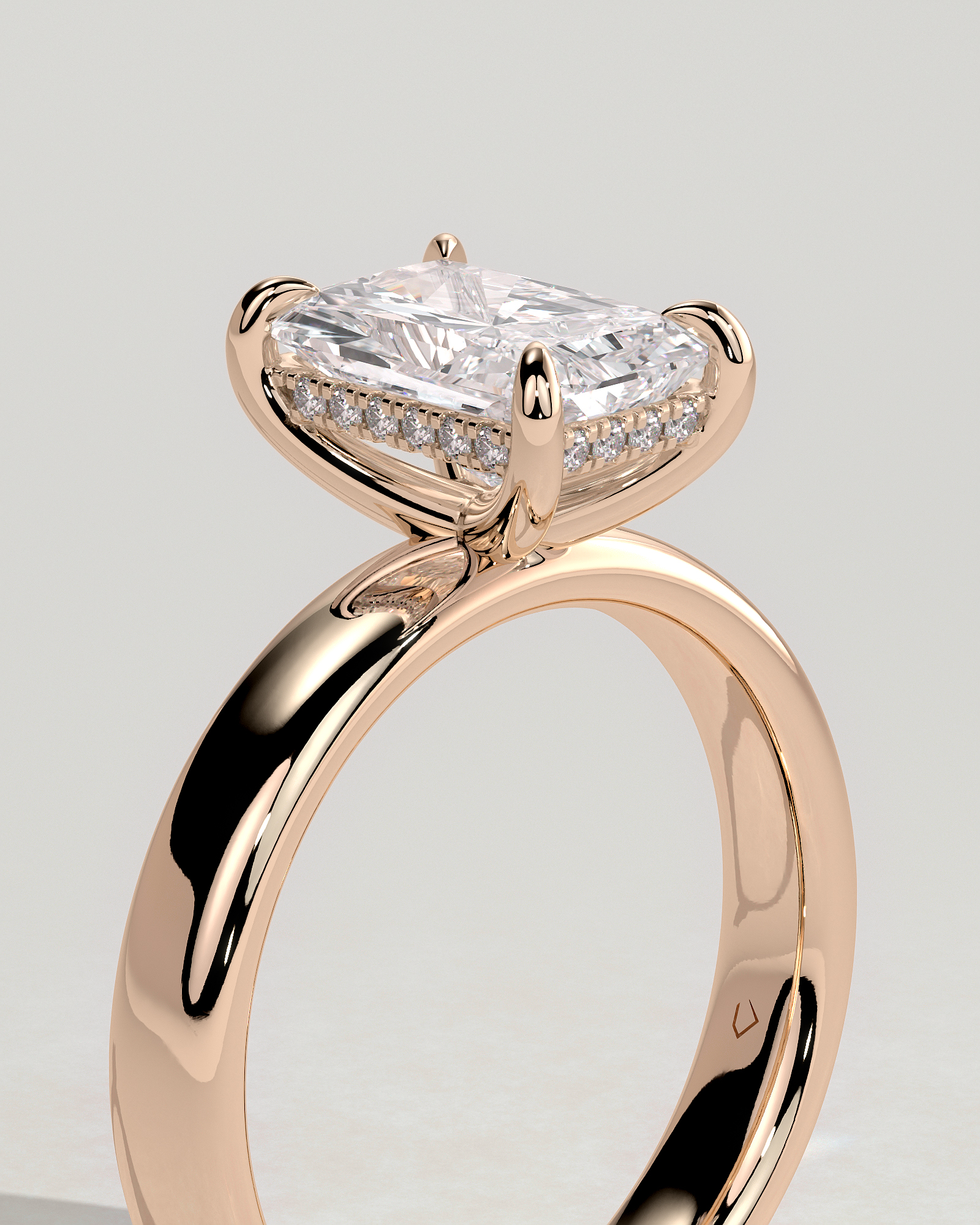 Angelina - Radiant Solitaire with Hidden Halo and Cigar Band - 18k Rose Gold High Setting