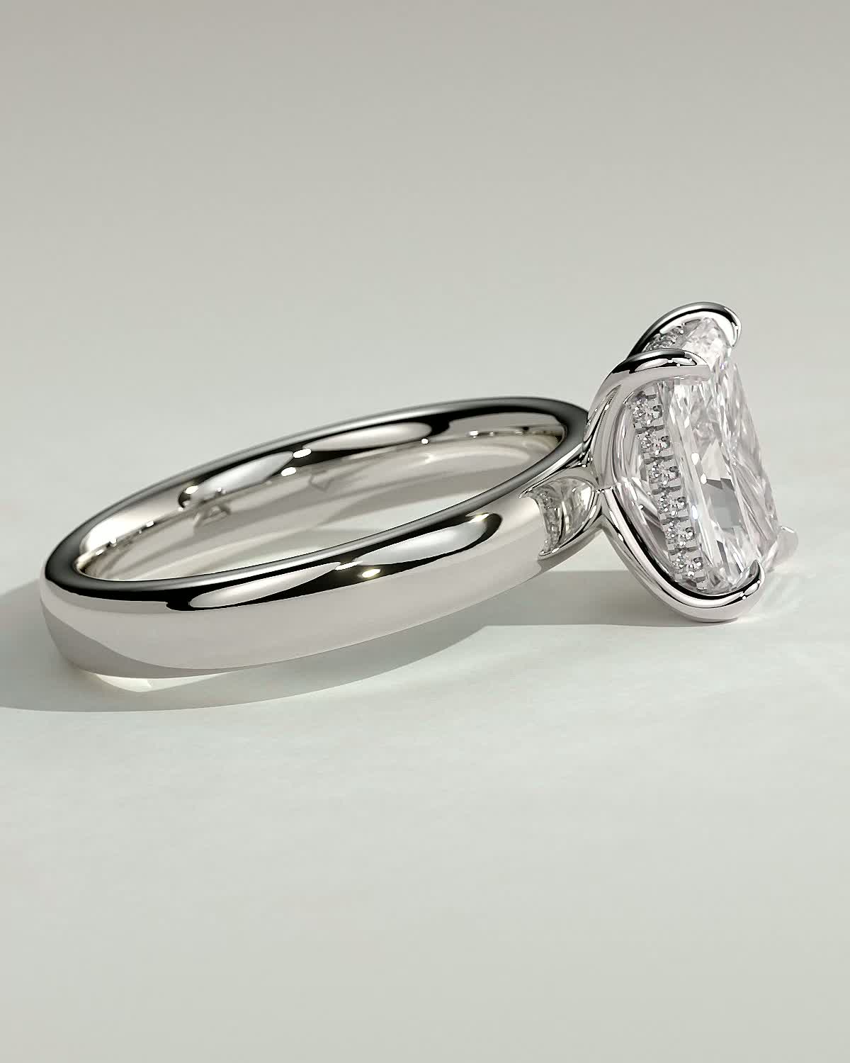 Angelina - Radiant Solitaire with Hidden Halo and Cigar Band - 18k White Gold High Setting