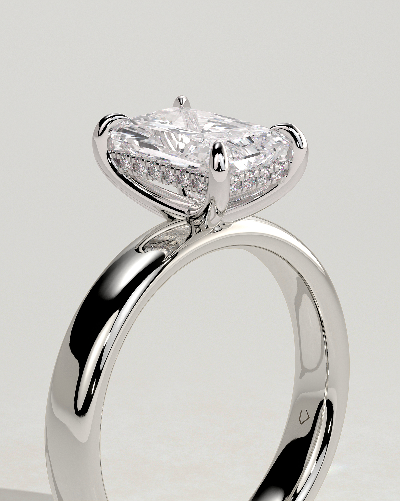 Angelina - Radiant Solitaire with Hidden Halo and Cigar Band - 18k White Gold High Setting