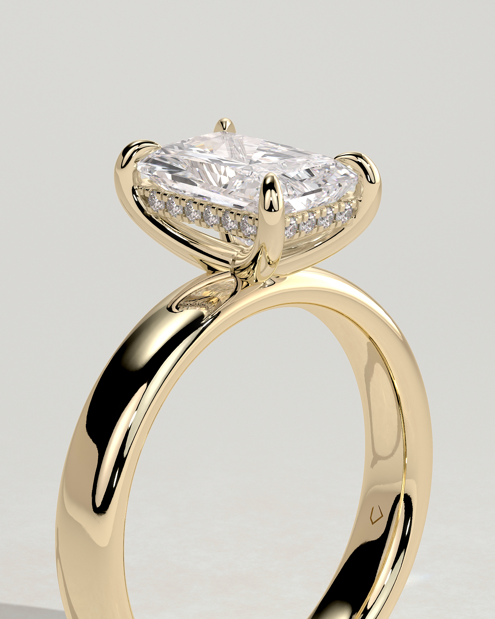 Angelina - Radiant Solitaire with Hidden Halo and Cigar Band - 18k Yellow Gold High Setting