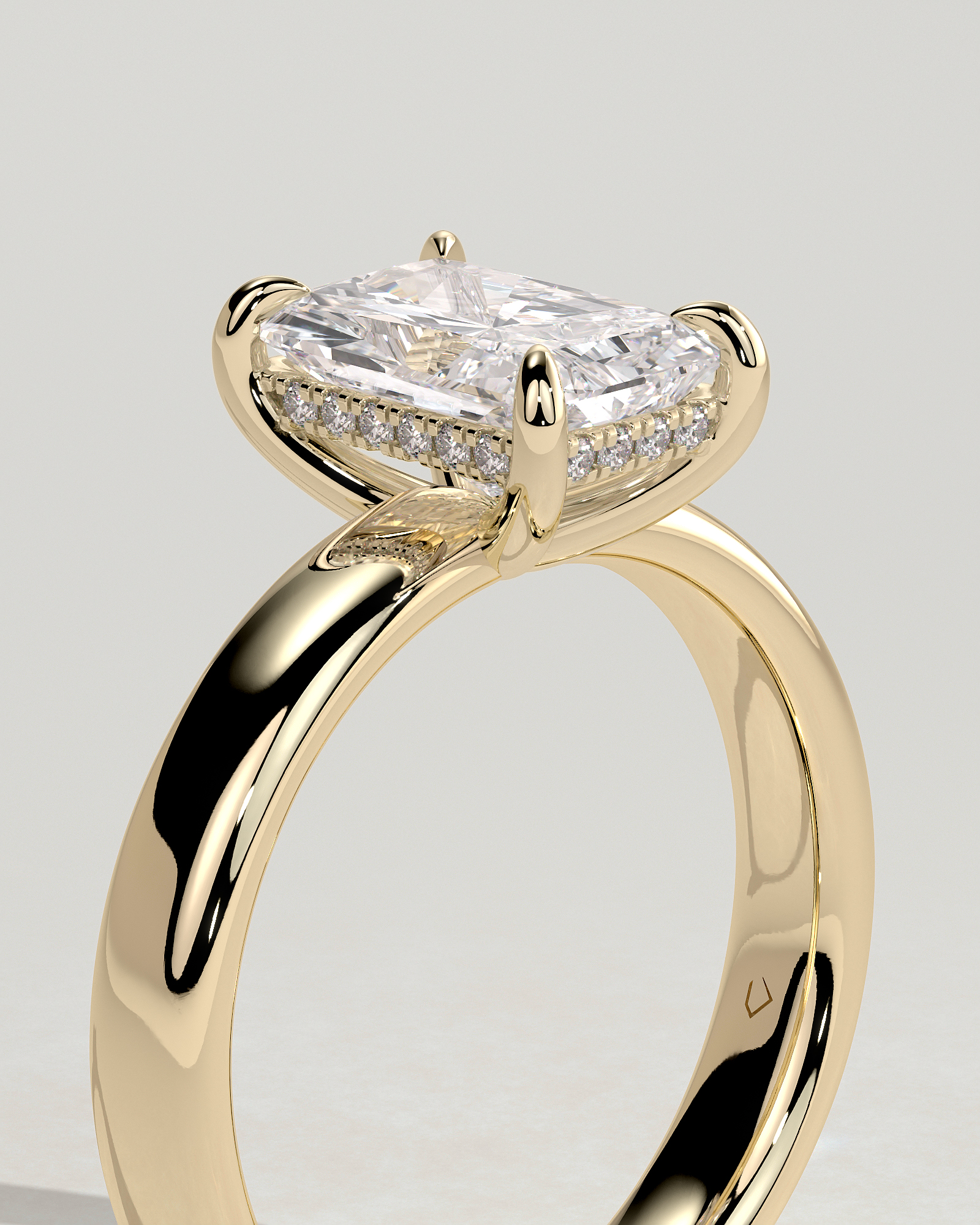 Angelina - Radiant Solitaire with Hidden Halo and Cigar Band - 18k Yellow Gold Low Setting