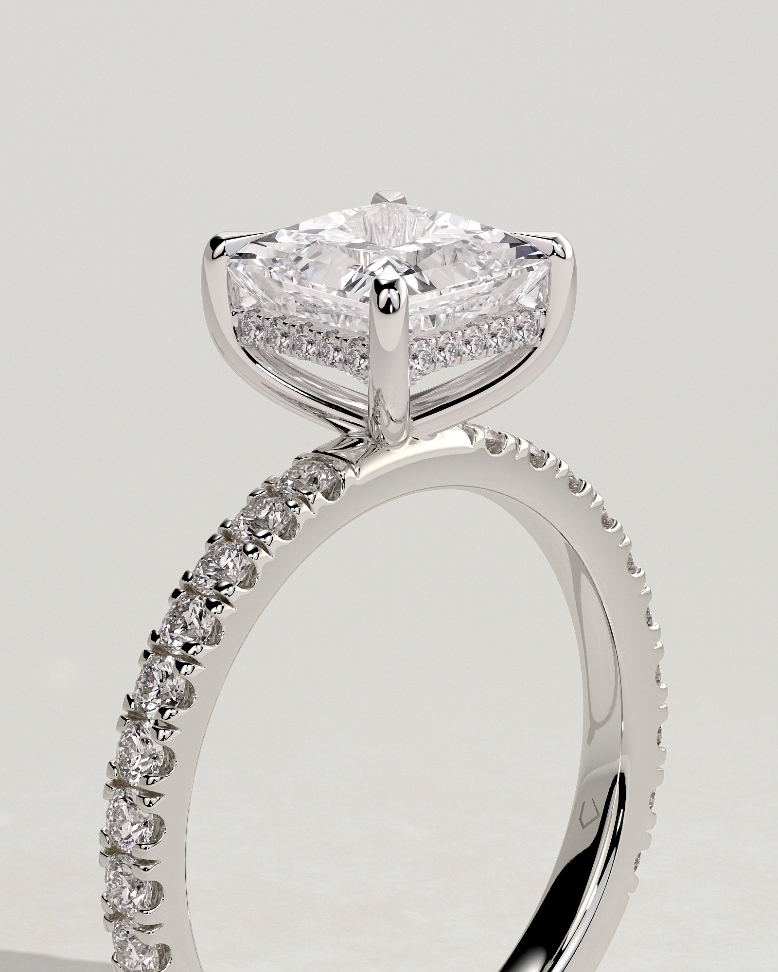 Annie  Princess Solitaire with Hidden Halo and Pave - 18k White Gold