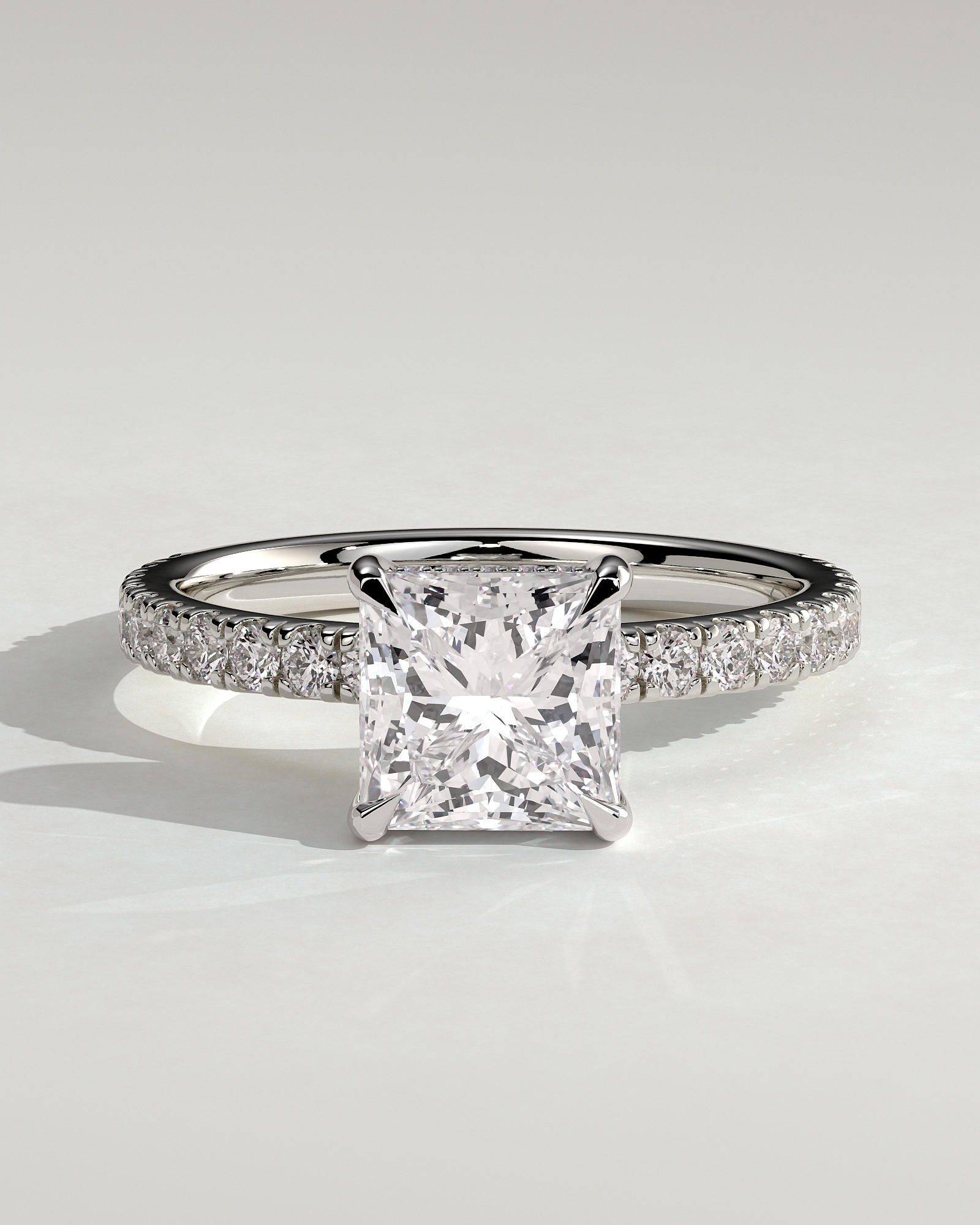 Annie  Princess Solitaire with Hidden Halo and Pave - 18k White Gold