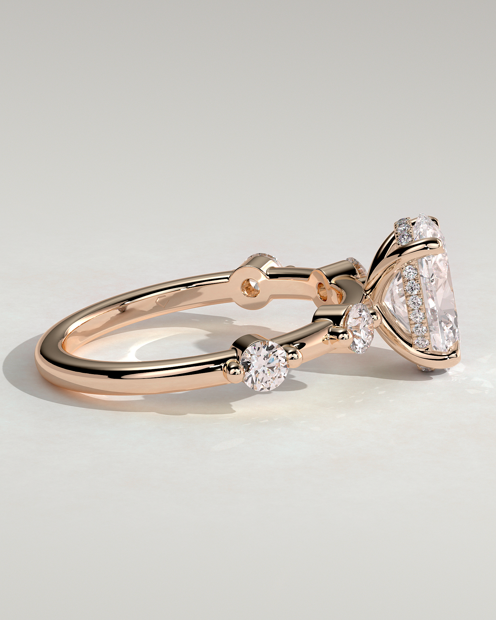 Arwen - Oval Solitaire with Hidden Halo and Accent Stones - 18k Rose Gold