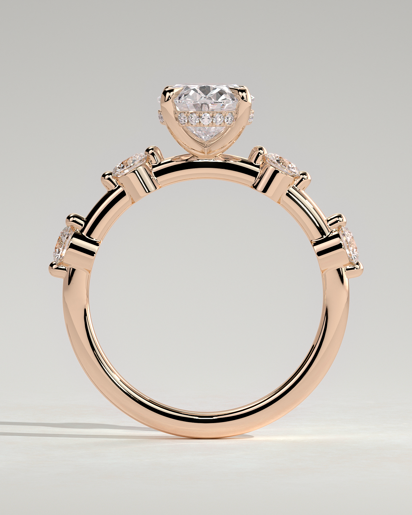 Arwen - Oval Solitaire with Hidden Halo and Accent Stones - 18k Rose Gold