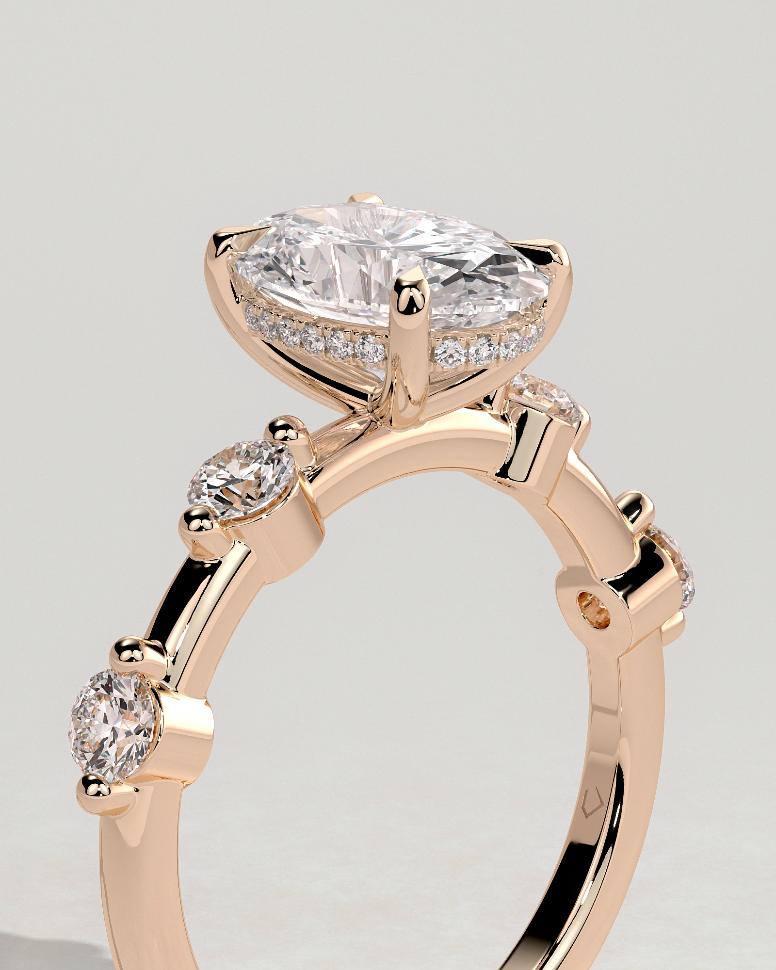 Arwen - Oval Solitaire with Hidden Halo and Accent Stones - 18k Rose Gold