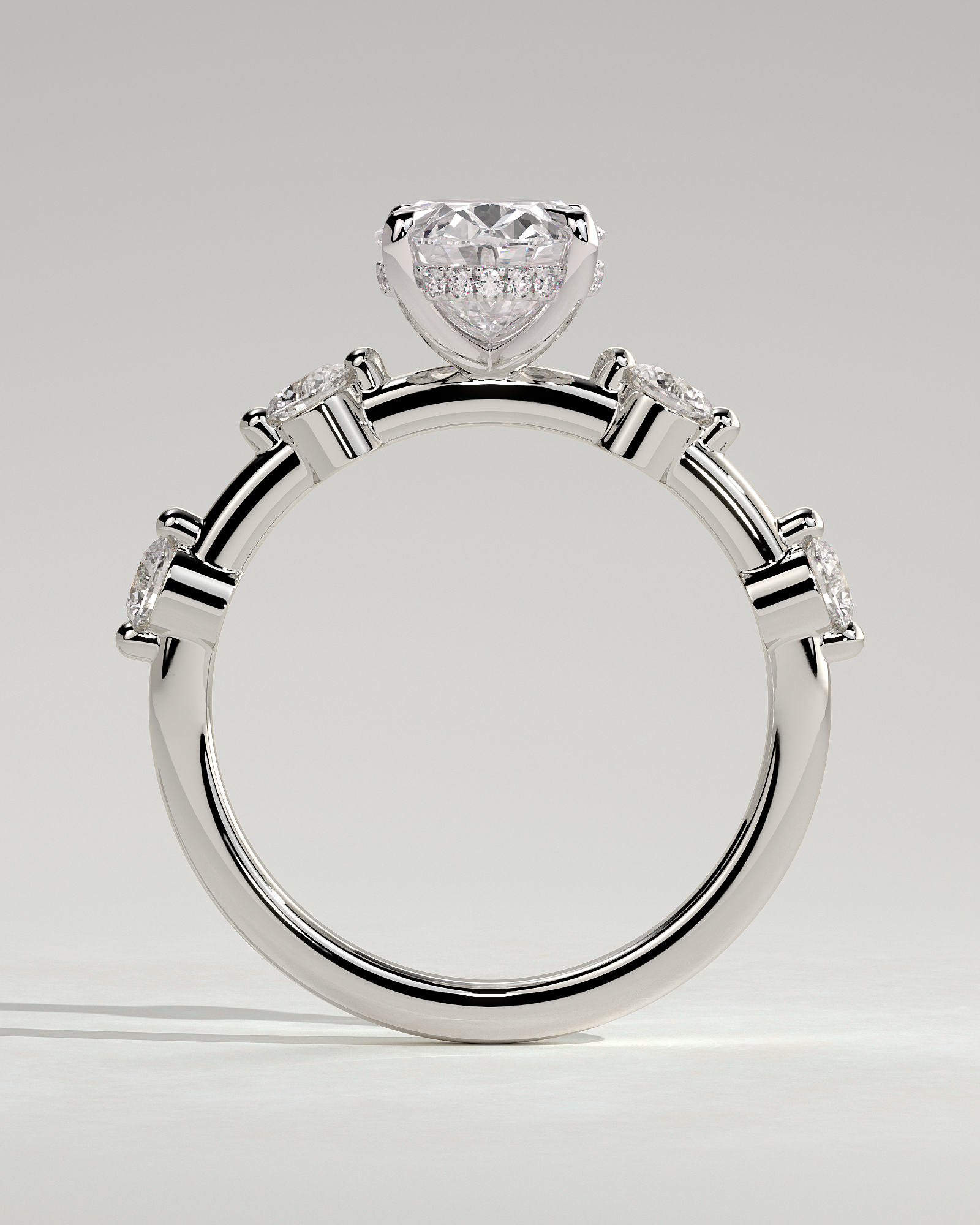 Arwen - Oval Solitaire with Hidden Halo and Accent Stones - 18k White Gold