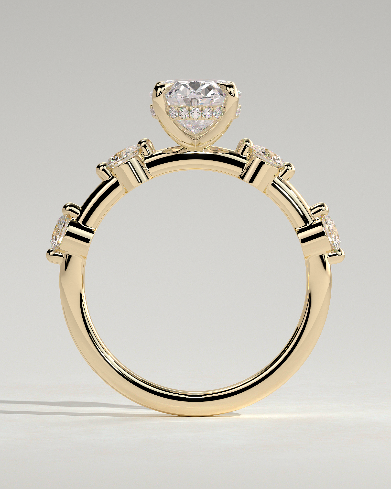 Arwen - Oval Solitaire with Hidden Halo and Accent Stones - 18k Yellow Gold