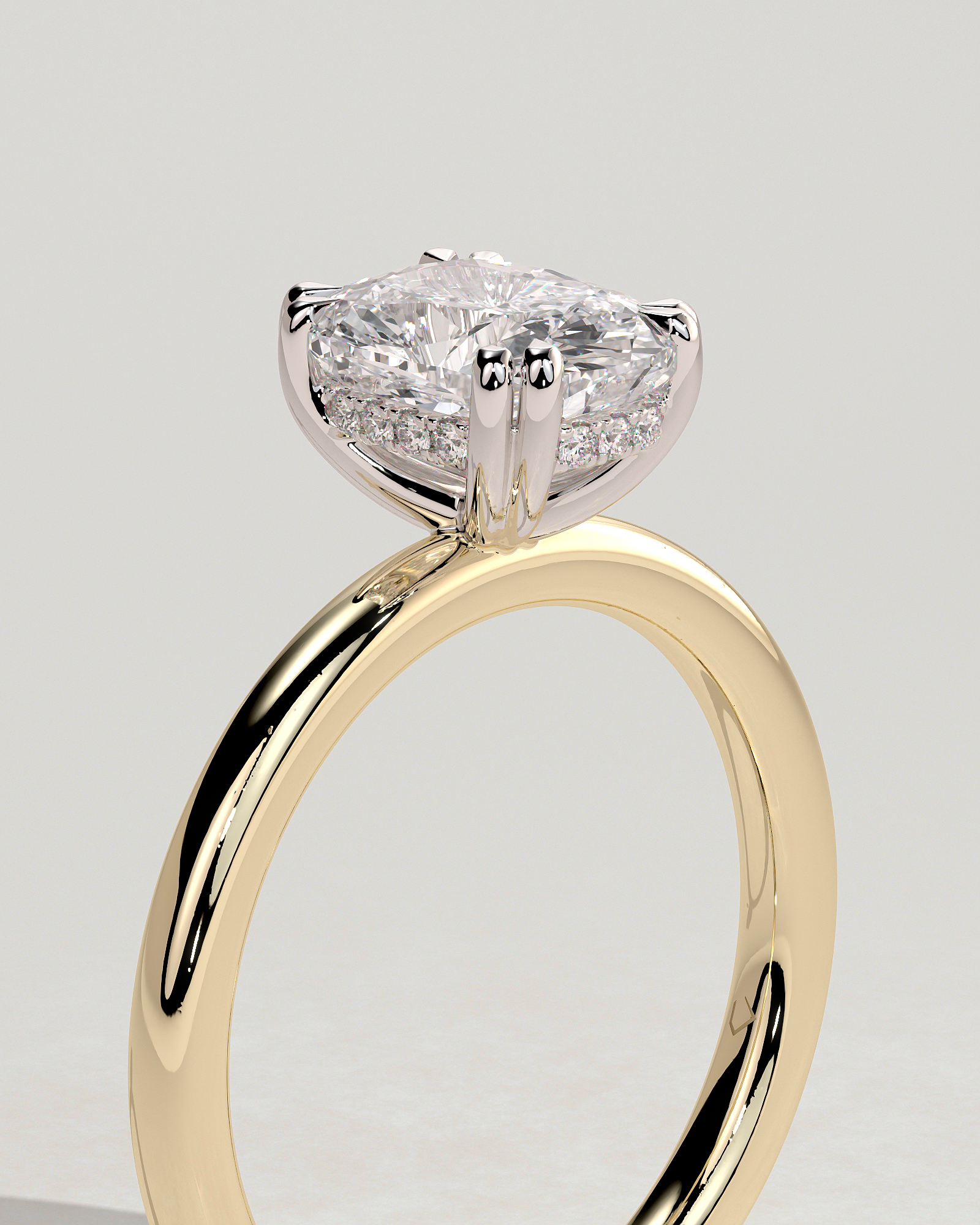 Aubrey - Double-Tipped 4 Claw Elongated Cushion Solitaire with Hidden Halo - 18k Yellow Gold / 18k White Gold