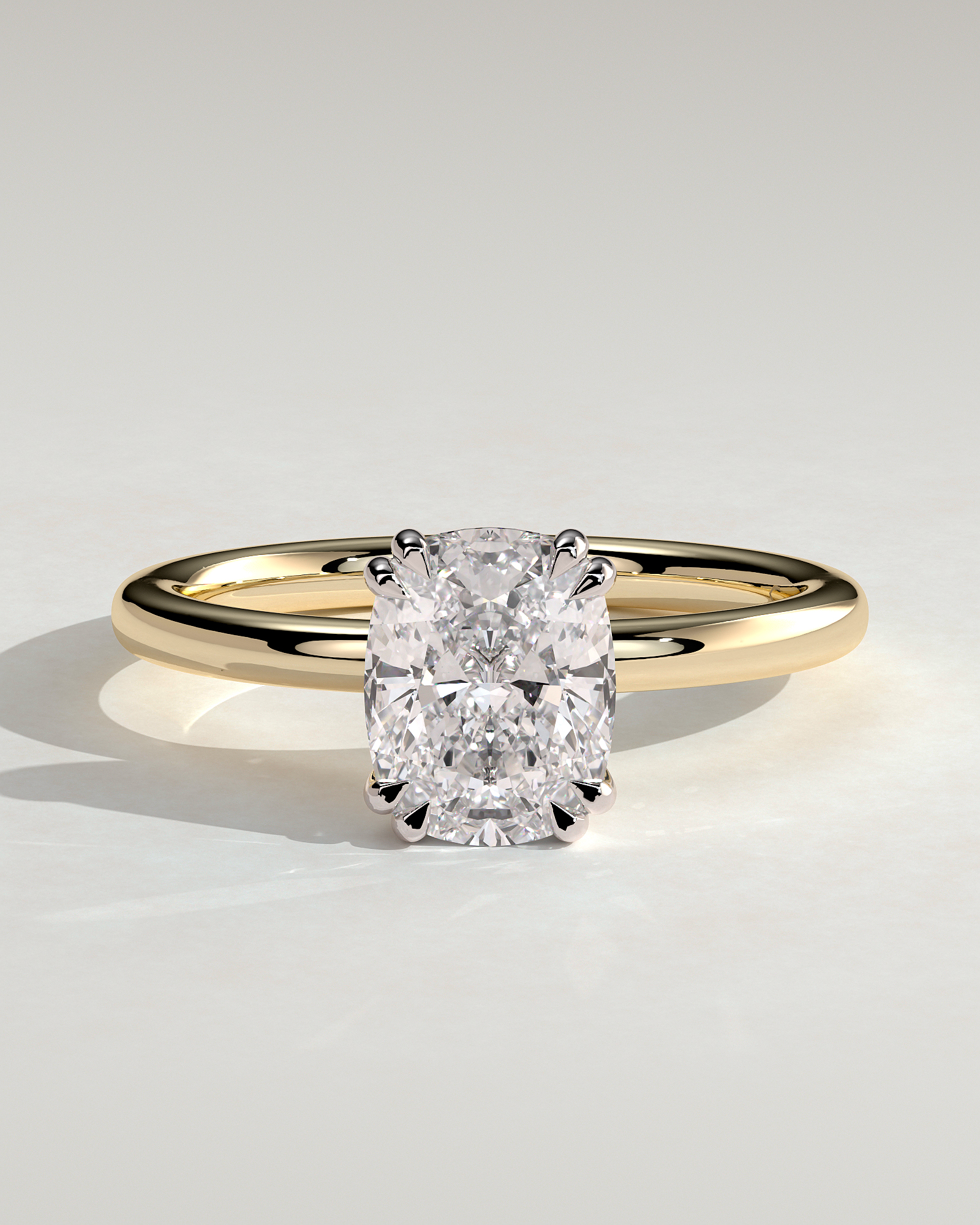 Aubrey - Double-Tipped 4 Claw Elongated Cushion Solitaire with Hidden Halo - 18k Yellow Gold / 18k White Gold