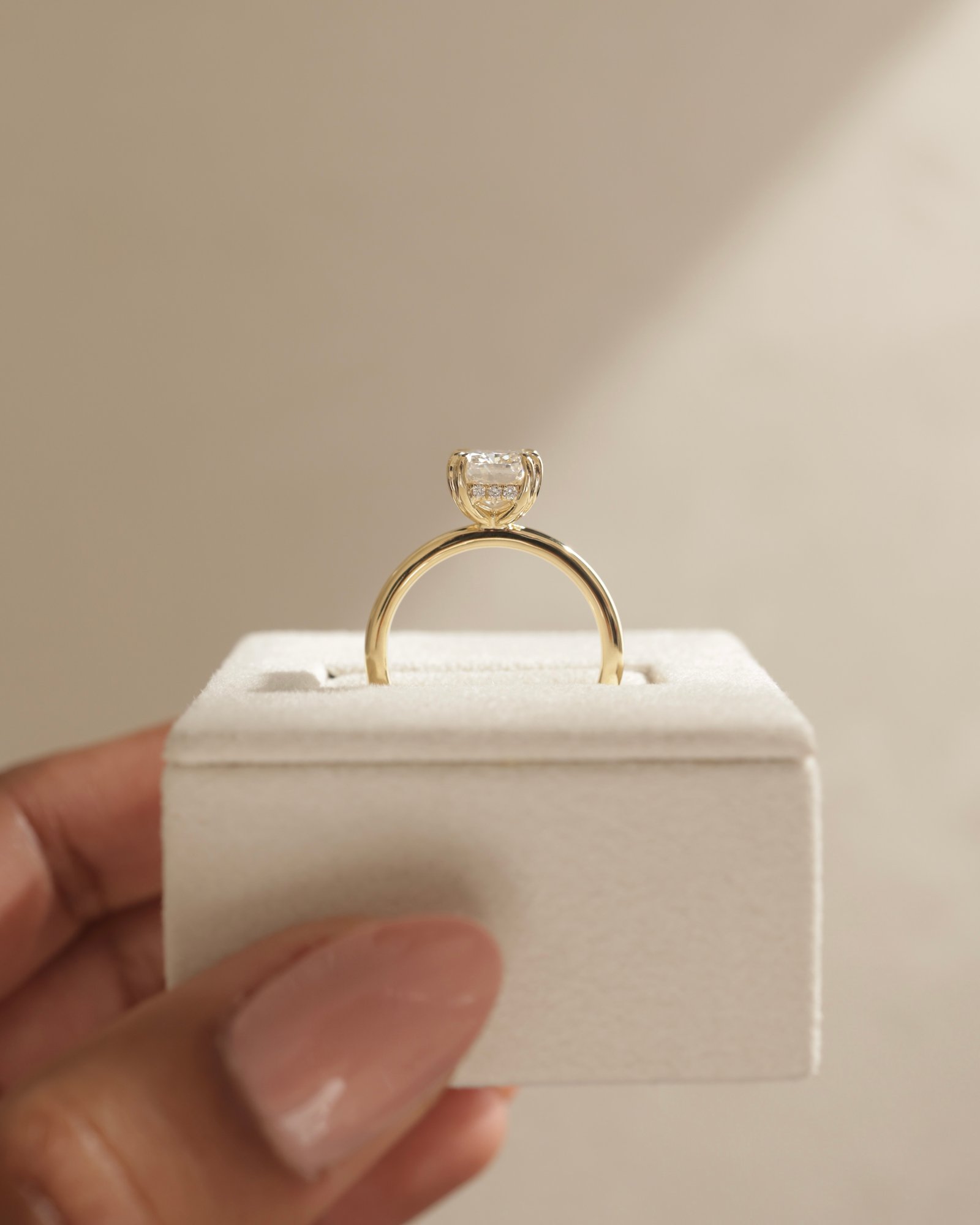 Aubrey - Double-Tipped 4 Claw Elongated Cushion Solitaire with Hidden Halo Lifestyle Image