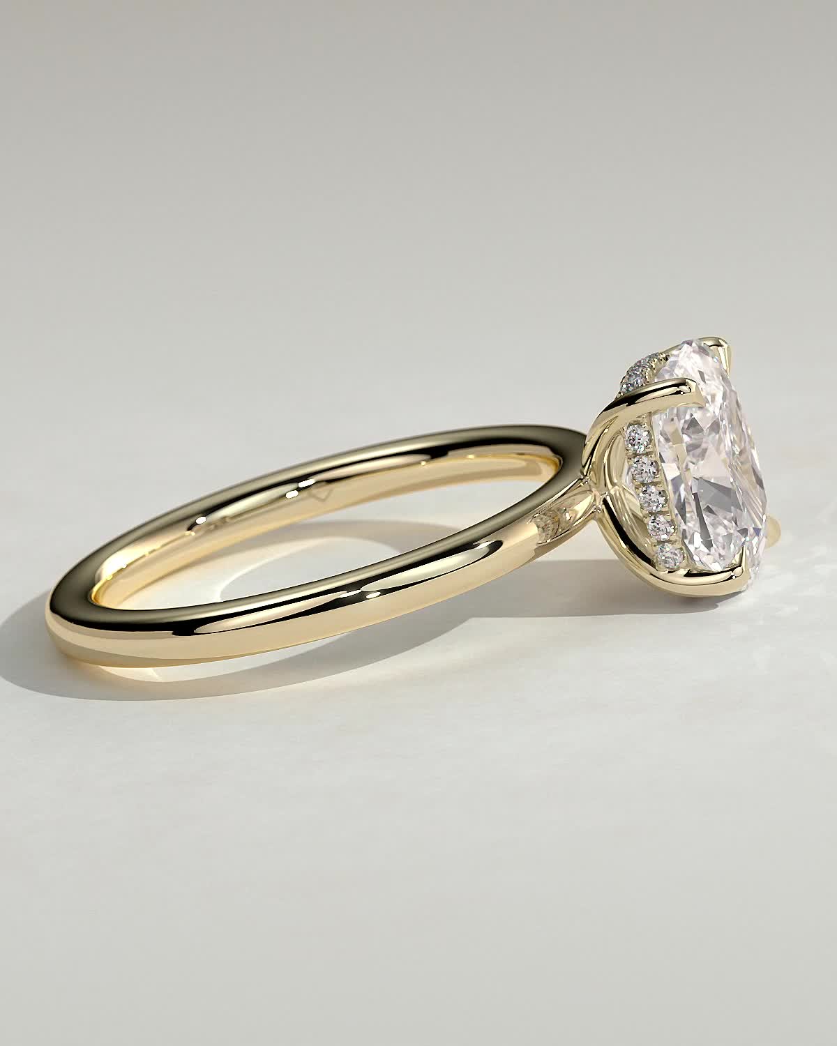Ava - Elongated Cushion 4 Claw Solitaire with Hidden Halo Engagement Ring - 18k Yellow Gold High Setting