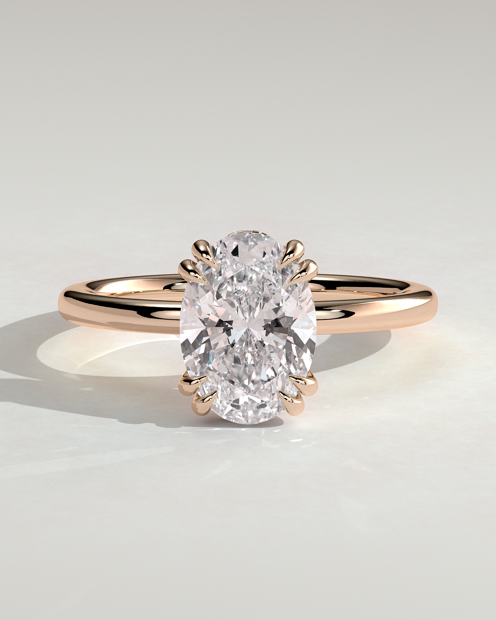 Avery - Oval 4 Double Claw Solitaire with Hidden Halo Engagement Ring - 18k Rose Gold High Setting