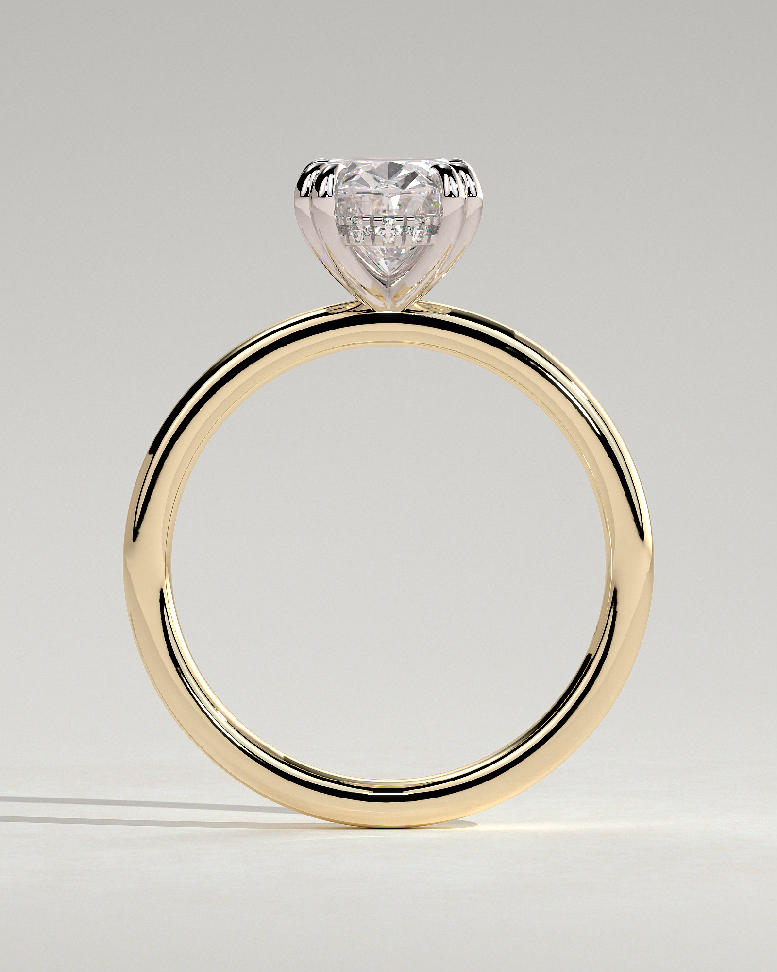 Avery - Oval 4 Double Claw Solitaire with Hidden Halo Engagement Ring - 18k Yellow Gold / 18k White Gold High Setting