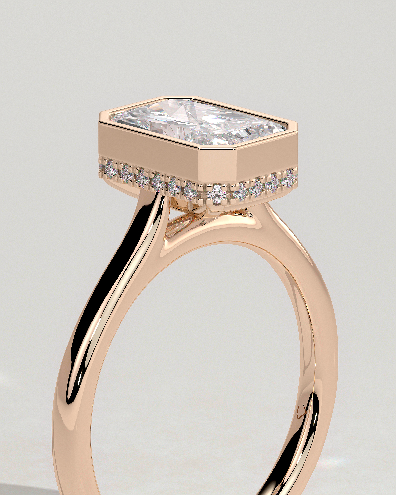 Bennie - Radiant Bezel Cathedral Solitaire with Hidden Halo - 18k Rose Gold