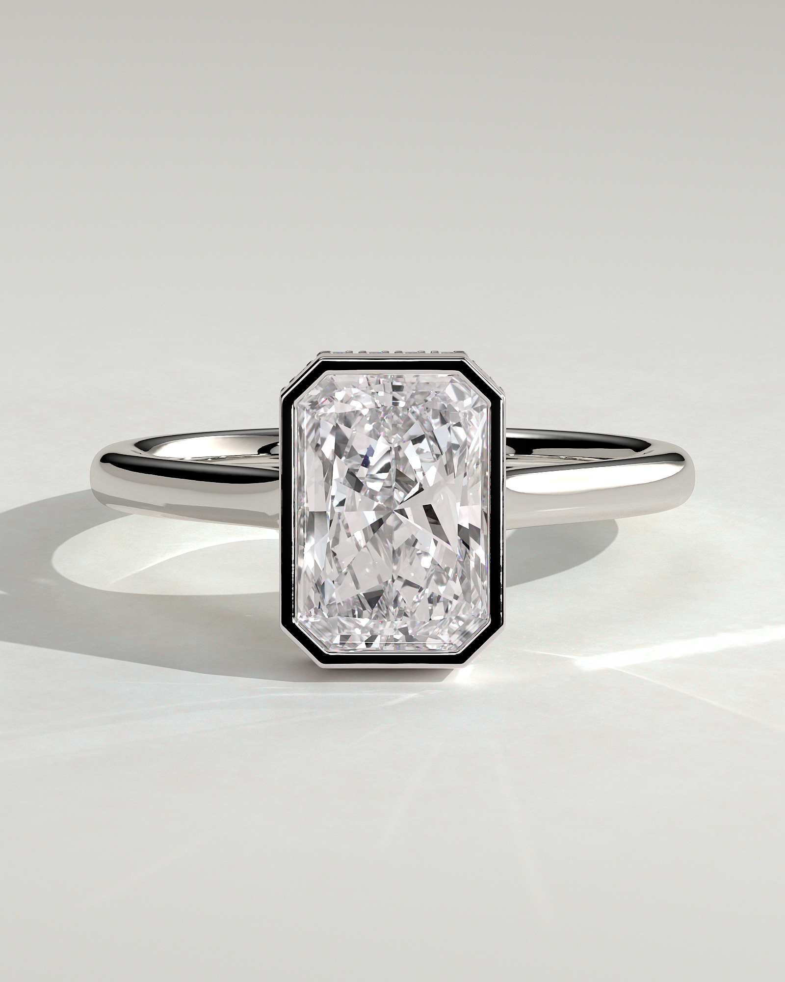 Bennie - Radiant Bezel Cathedral Solitaire with Hidden Halo - 18k White Gold